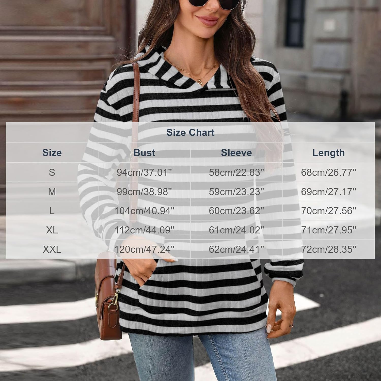 Oplxuo Striped for Women Ribbed Knit Sweatshirt Front Pocket Long Sleeve Loose Fit Casual Pullover Tops