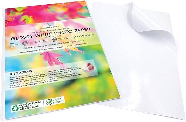 Evergreen Goods 50 Sheets A4 Premium White Glossy Self Adhesive Photo Paper | Splashproof High Resolution Printing Labels | Make from Home - Product Labelling, Sticker Making, Model Decals & More