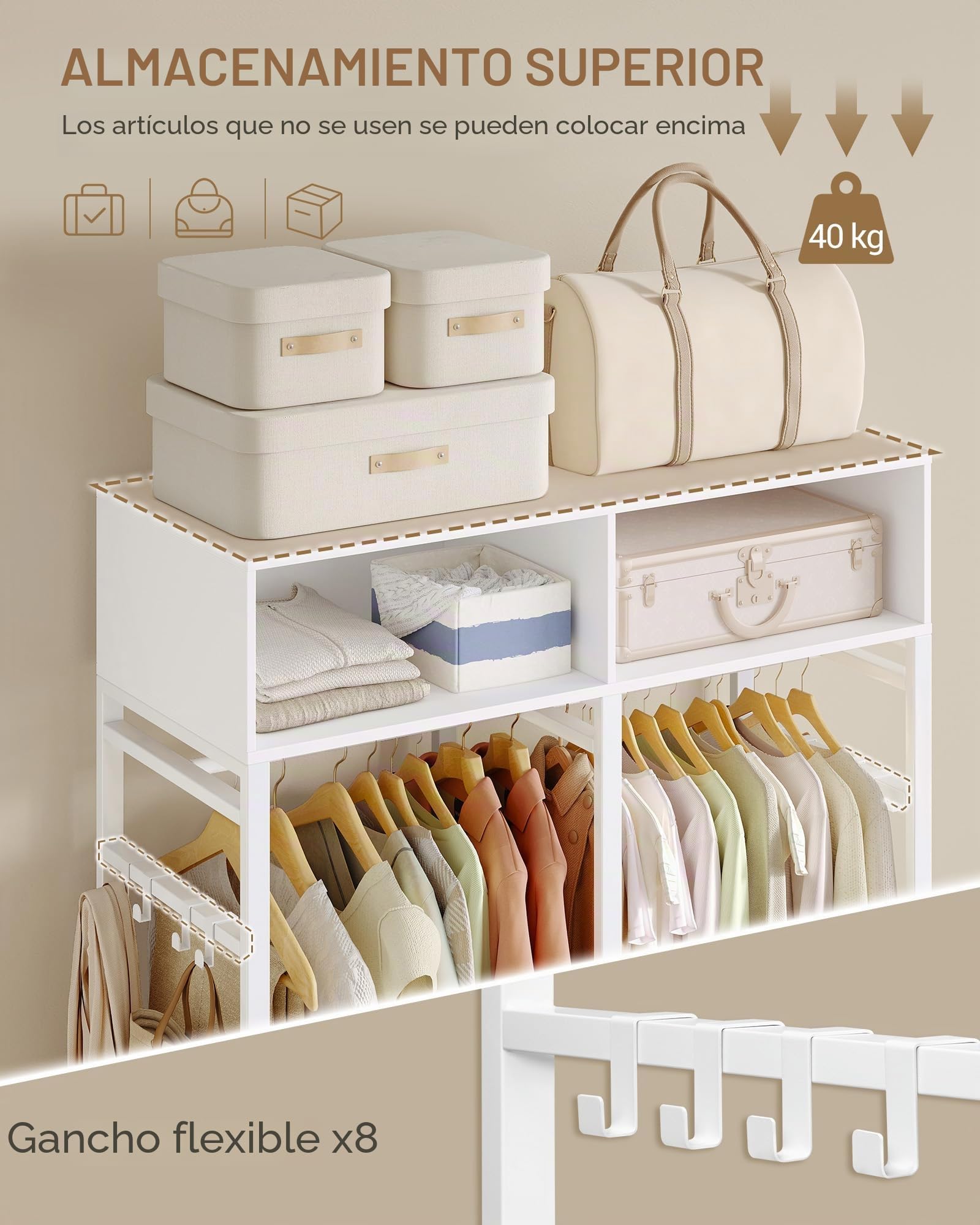 Hzuaneri Armario, Armarios Dormitorio con 4 cajones de Madera, Estante de Almacenamiento Superior, Construcción de Hierro y Madera, Adecuado para Walk-in Closet, 43 x 100 x 185 cm, Blanco BW06603W
