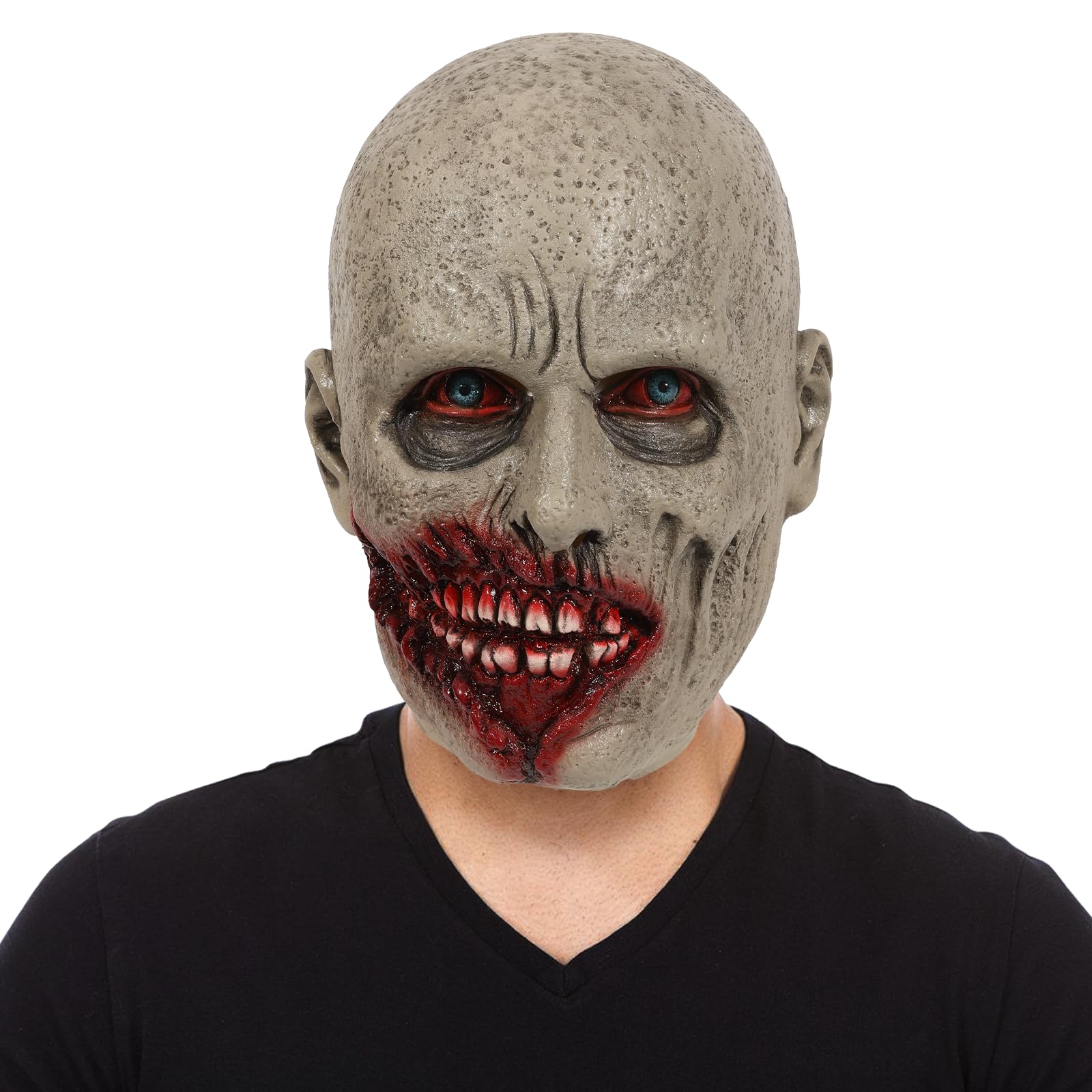 Applysu Scary Evil Mask with Twisted Mouth Halloween Creepy Blue Eyes Full Head Latex Mask for Horror Theme Cosplay Party