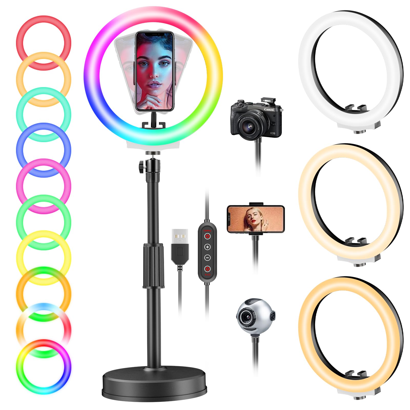 PEYOU Anello luminoso con supporto e supporto per telefono, desktop dimmerabile da 10" 【RGB e LED】 Luce circolare per riunioni Zoom/streaming live/video/YouTube/Tiktok/Vlog