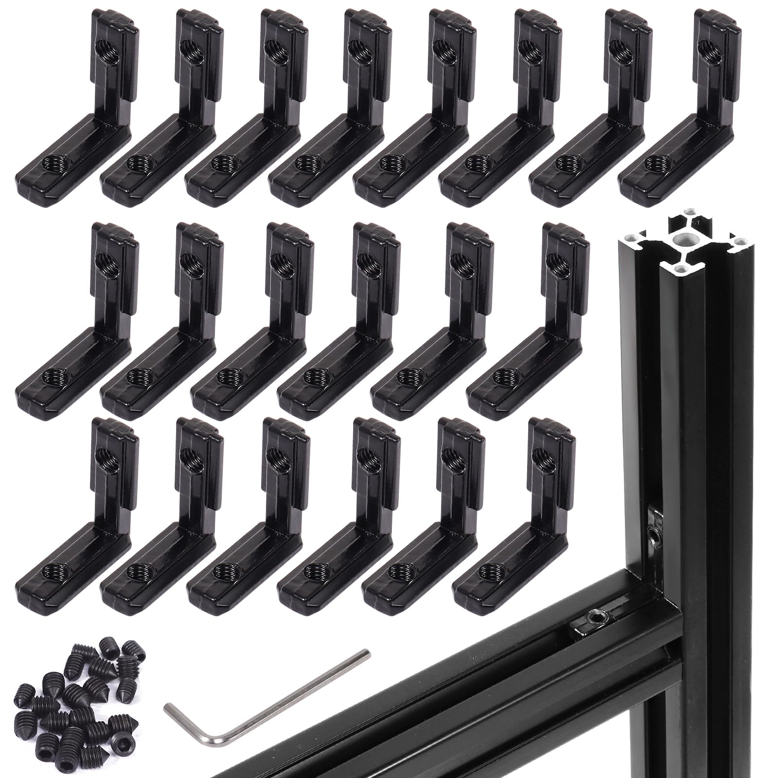 tchrules 22Pcs 2020 Aluminum Extrusion 20 Series Extruded Aluminum Corner Bracket Connector Black T Slot L-Shape Interior Joint for Aluminum Extrusion Profile Slot Connector Set 6mm with Screws&Wrench