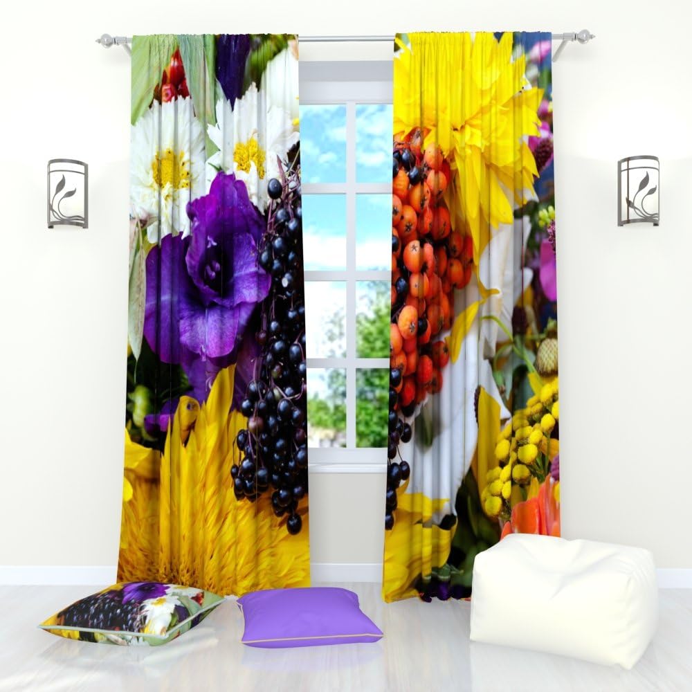Factory4me Floral Curtains Autumn Bouquet. Window Curtain Set of 2 Panels Each W52 x L96 Total W104 x L96 inches Drapes for Living Room Bedroom Kitchen