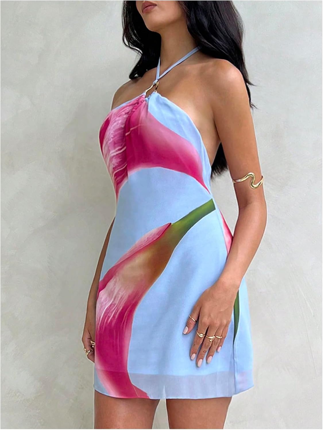 MakeMeChic Women's Floral Halter Backless Cocktail Dress Ring Sleeveless Fall Mini Dresses - Image 3