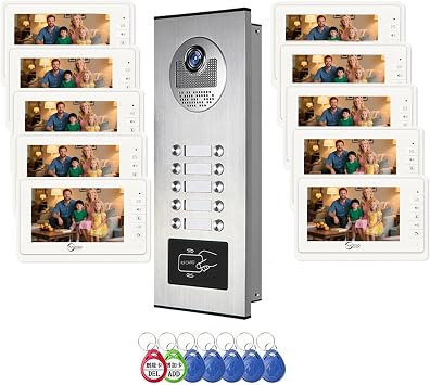Wired Video Apartment Intercom System,2/3/4/6/8/10/12 Units 7 inch Monitor Video Door Phone Kit,Indoor Outdoor Video Doorbell, ID Card Unlock, 2 Way Audio for Home for 10 Family