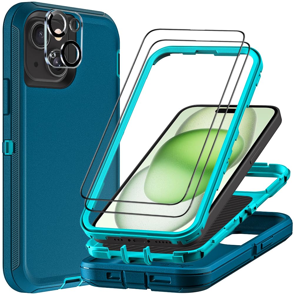 Funda para iPhone 15 Plus con 2 protectores de pantalla de vidrio templado y 1 protector de lente de cámara, grado militar, 3 en 1, resistente, a prueba de golpes, caídas y polvo (azul
