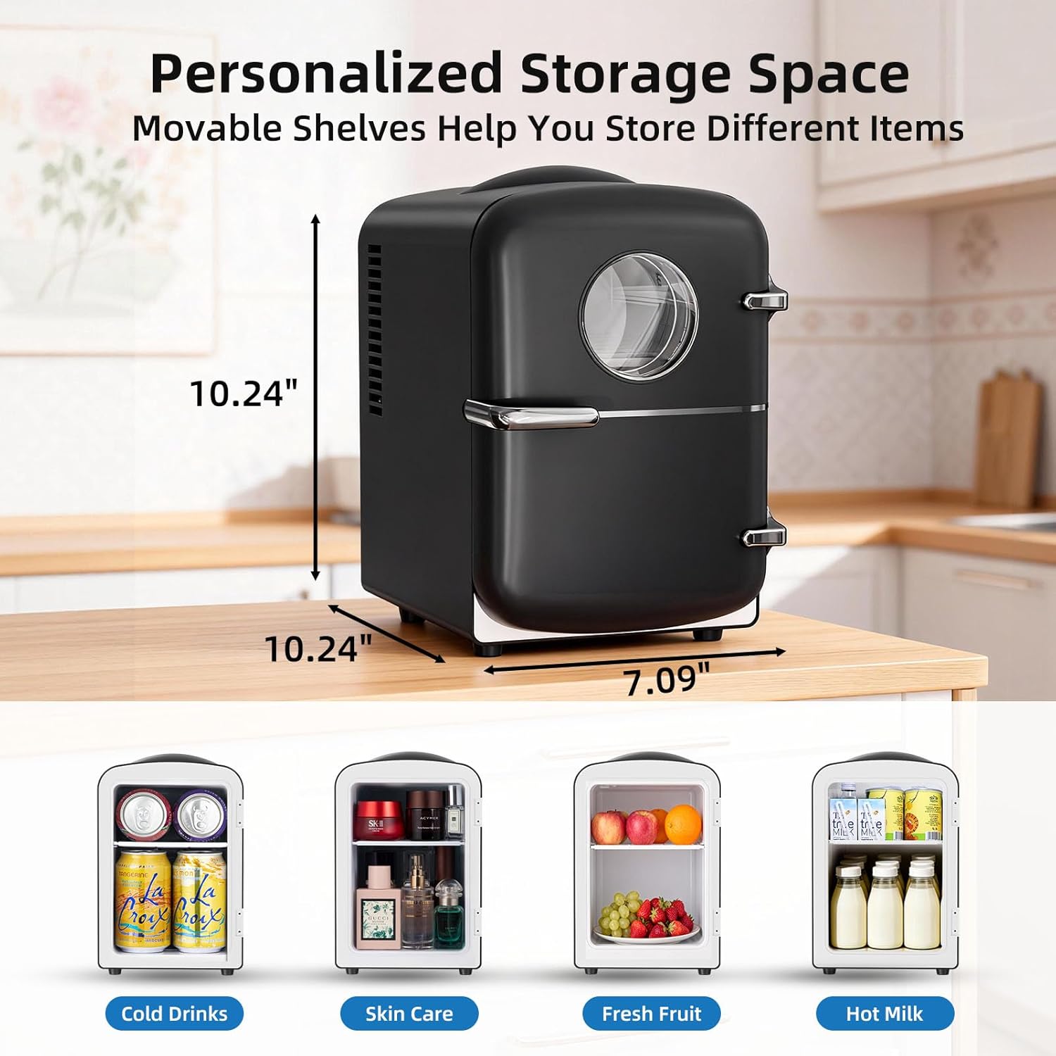 Antarctic Star Mini Fridge, 4L Capacity/6 Cans Portable Cooler and Warmer Compact Refrigerator, for Bedroom,Car,Office and Dorm, Small Cooler and Warmer for Cosmetics, Beverage and Food, Black