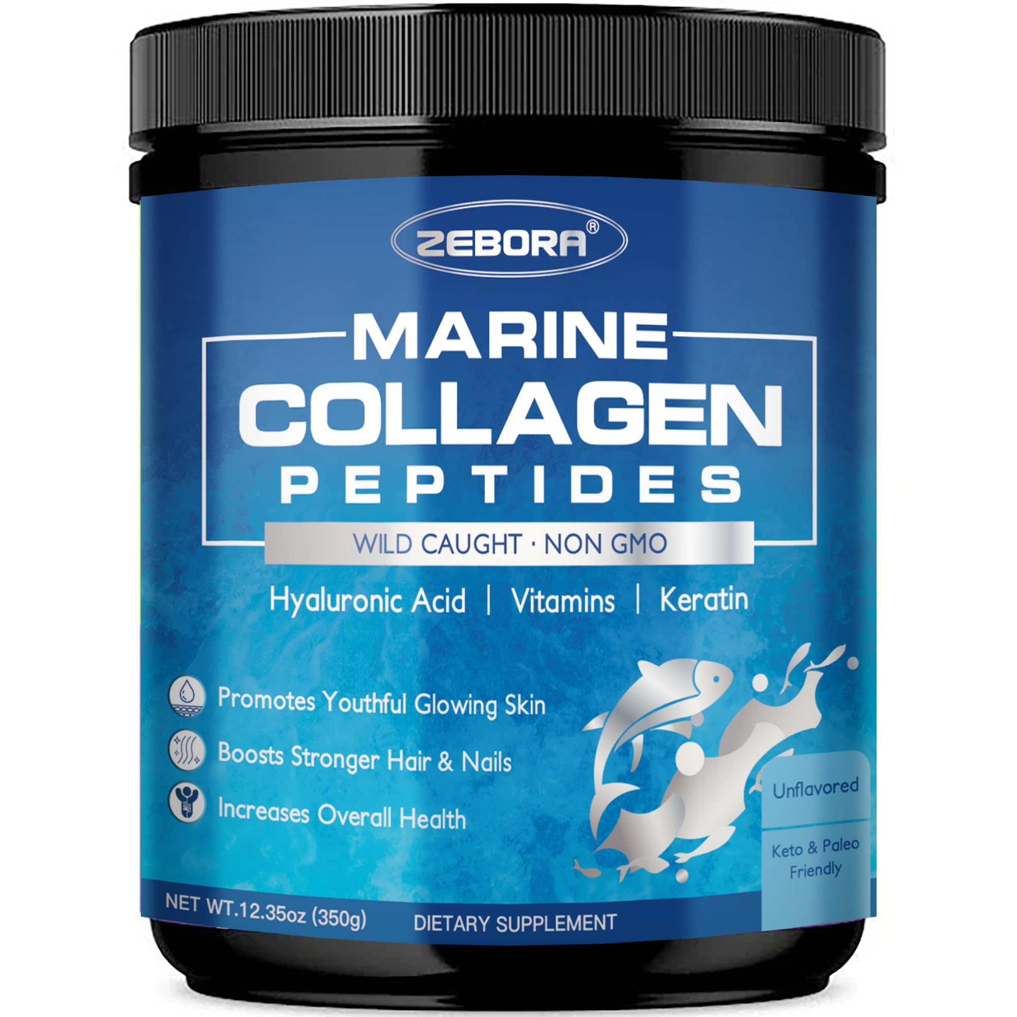 ZEBORA Marine Collagen Peptides Powder with Hyaluronic Acid, Keratin - Wild Caught Hydrolyzed Fish Collagen with Multivitamins - Support Skin Hair Nail, Keto Friendly, 35 Servings 12.35 Ounce (Pack of 1)