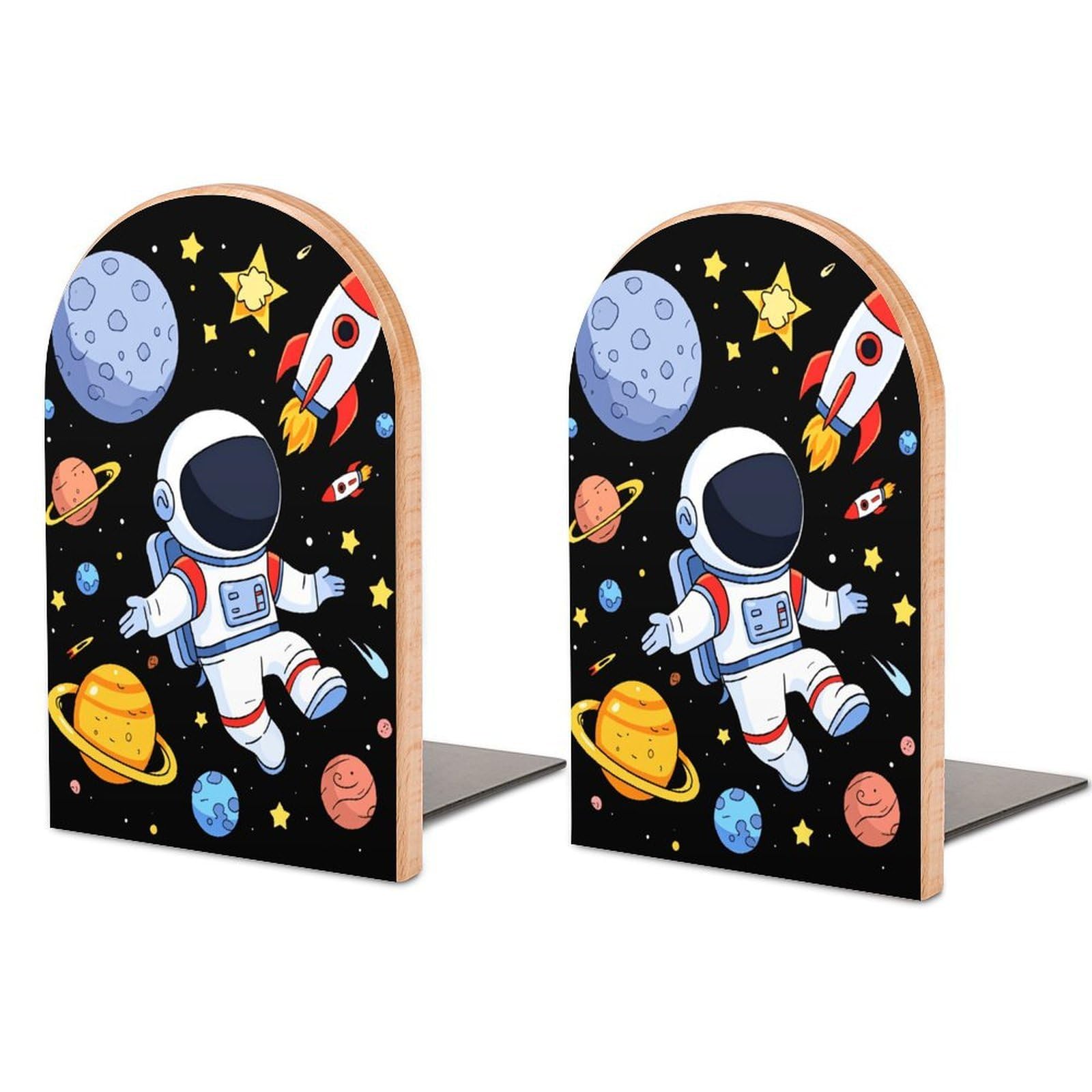Galaxy Astronaut Solid Beech Wood Bookends, Decorative Book Ends for Shelves, Non-Skid Desktop Book Organizer for Home Office, Library Decor (1 Pair, 4.7" X 6.7")