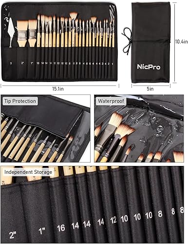 Miniatura 5 de Nicpro Juego de 26 pinceles de pintura, pinceles profesionales con cuchillo de paleta y rollo de tela, pinceles de pintura artística para pintura