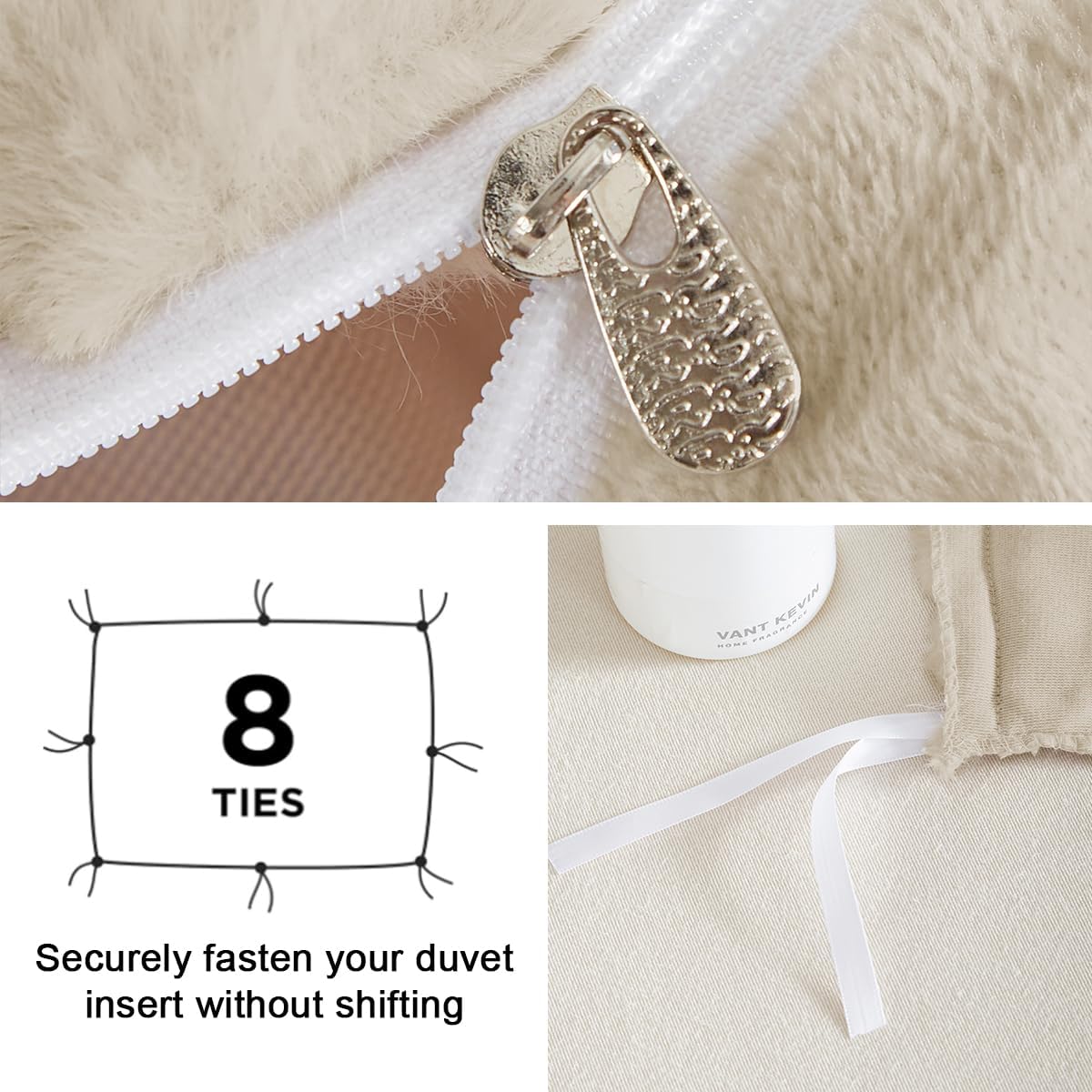 Fluffy Duvet Cover Set Queen Size Beige,Winter Warm Soft Faux Rabbit Fur Bedding Set,Luxury Plush Fuzzy Furry Comforter Cover with Zipper Closure and 2 Pillowcases