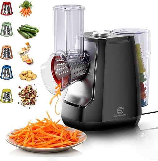 Electric Cheese Grater 5-in-1 Rotary Grater Vegetable Slicer 150W Multifunctional Shredder with 5 Interchangeable Drum Blades for Fruit Vegetables Carrots Nuts Cheese Easy Clean
