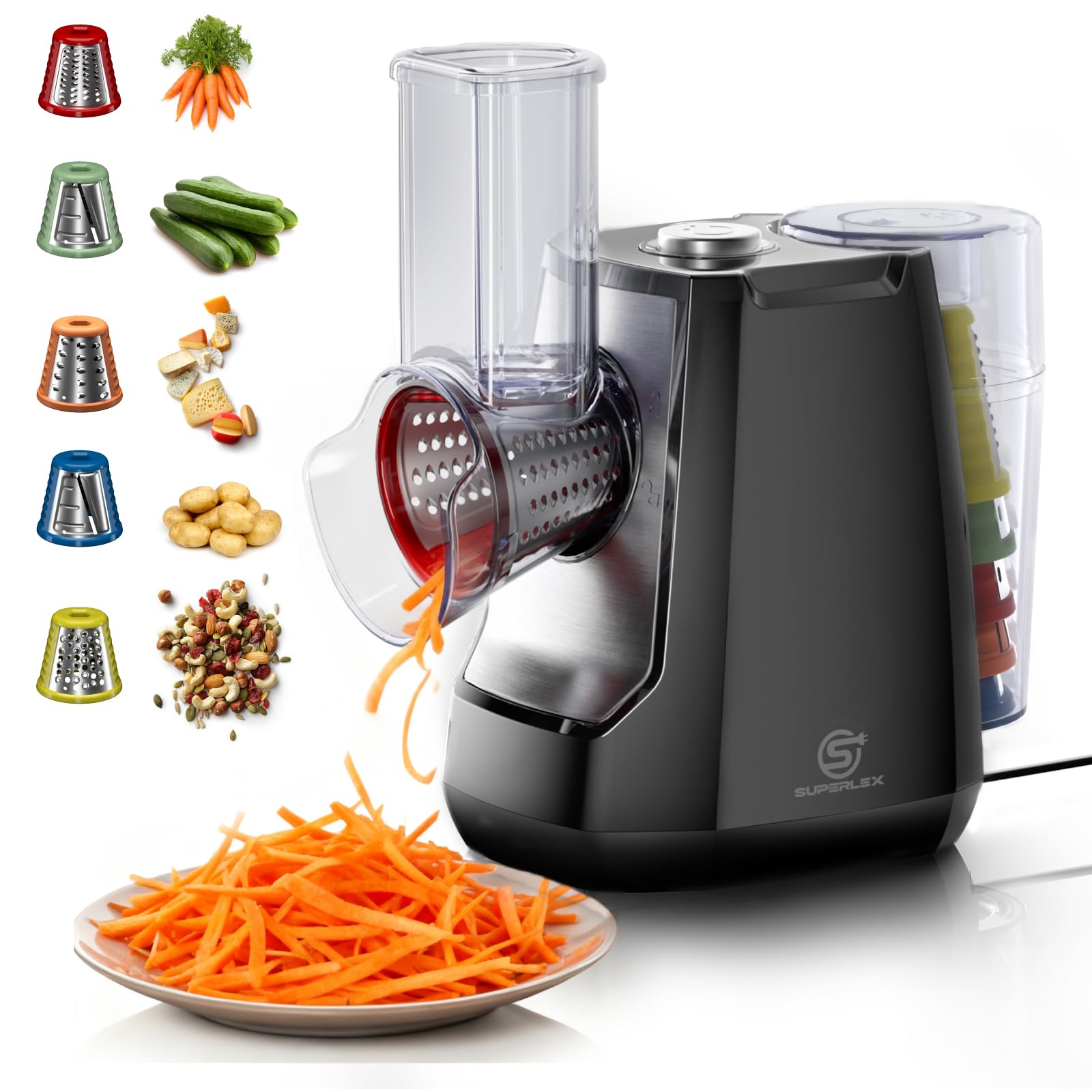 Grattugia elettrica per formaggio 5 in 1, grattugia rotante per verdure, affettatrice per verdure, 150 W, multifunzione, con 5 lame intercambiabili per frutta, verdura, carote, noci