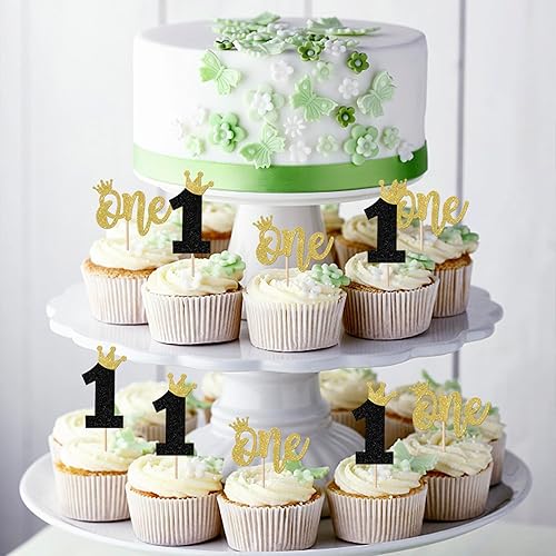 Miniatura 3 de Rsstarxi Paquete de 24 adornos para cupcakes de primer cumpleaños, corona con purpurina, decoración de pastel de primer cumpleaños para baby shower,