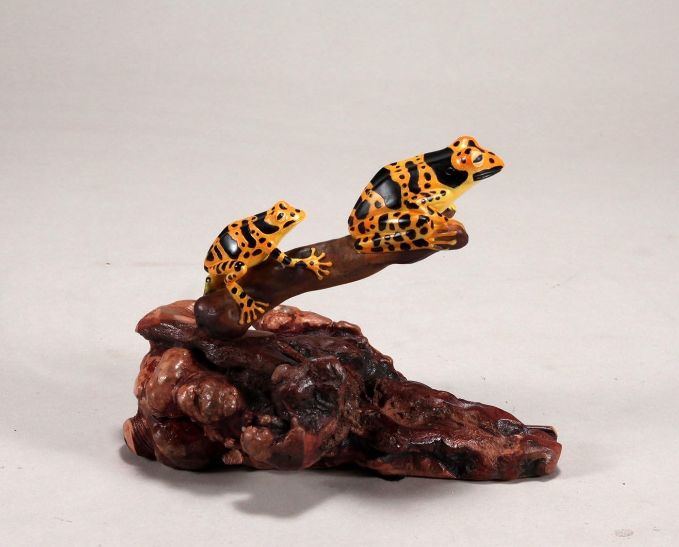 Yellow and Black Tree Frog Duo Sculpture by John Perry on Polished burlwood Base. Signed.