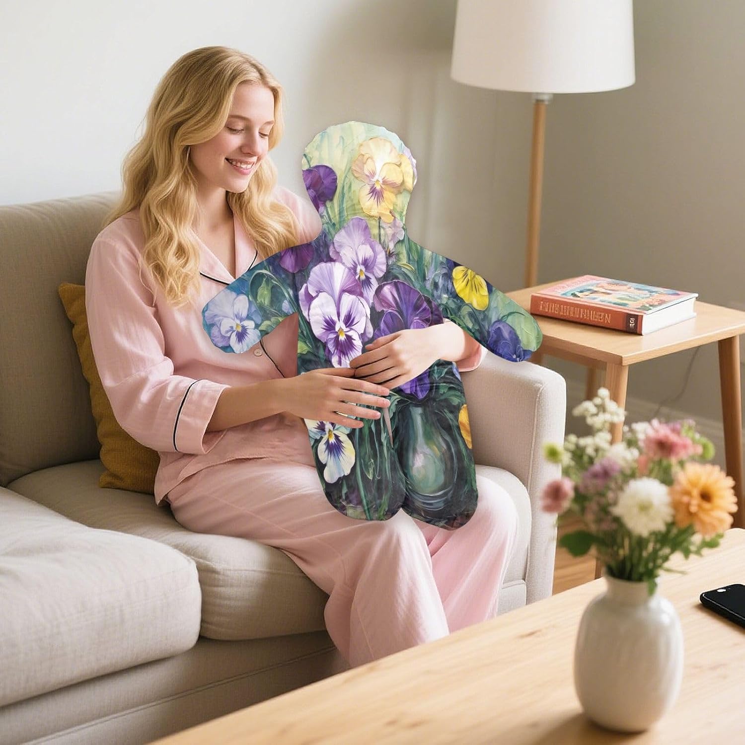 Flower Painting Human-Shaped Pillow Soft Body Pillows Washable Velvet Pillows for Anxiety Relief Sleeping Cuddling & Support