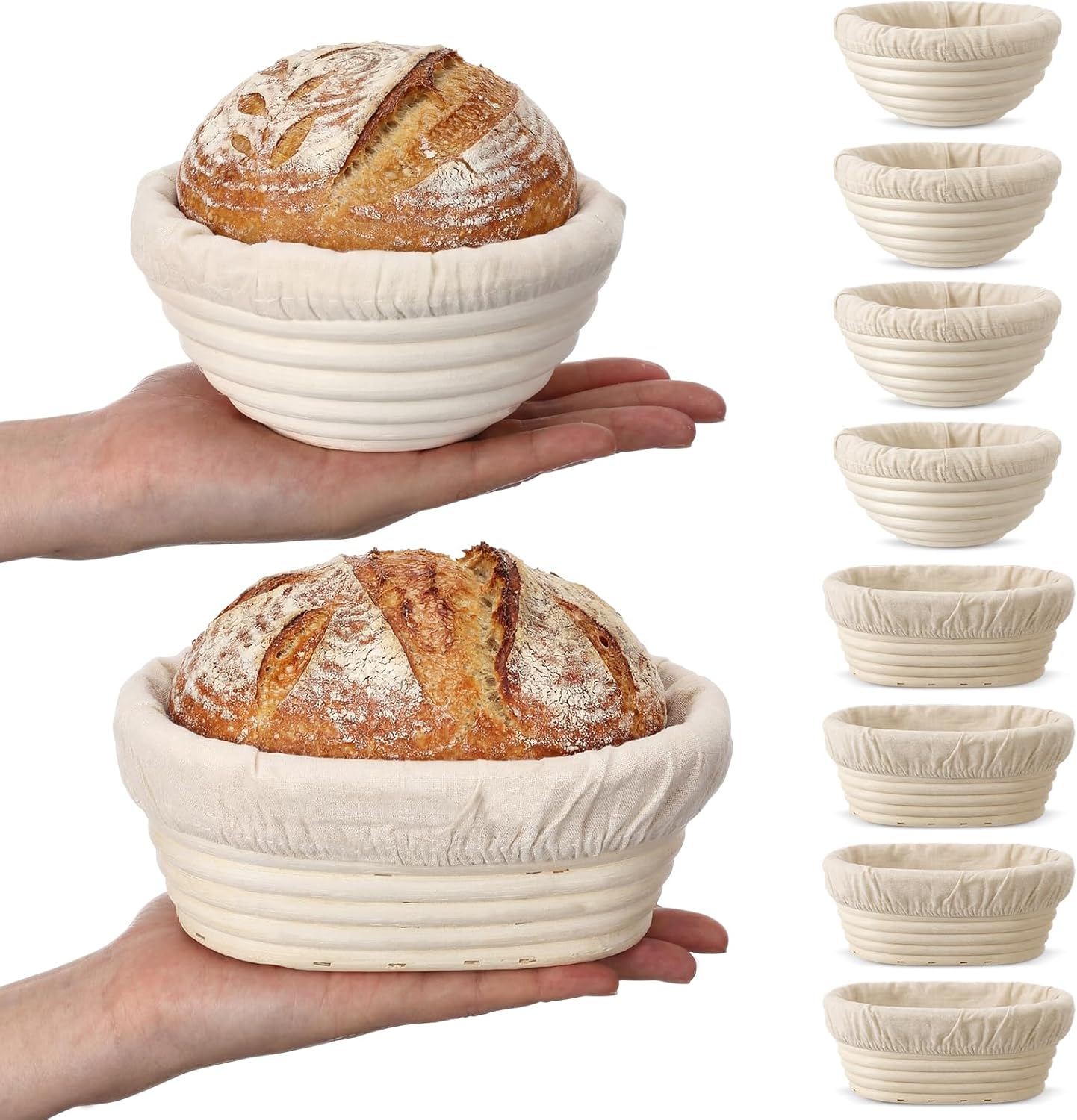 Set of 8 Mini Banneton Bread Proofing Basket with Liner, 5-inch Round and 6.5-inch Oval Small Bread Proofing Sourdough Bowl, for Sourdough Making, Baking Supplies for Home and Bakery