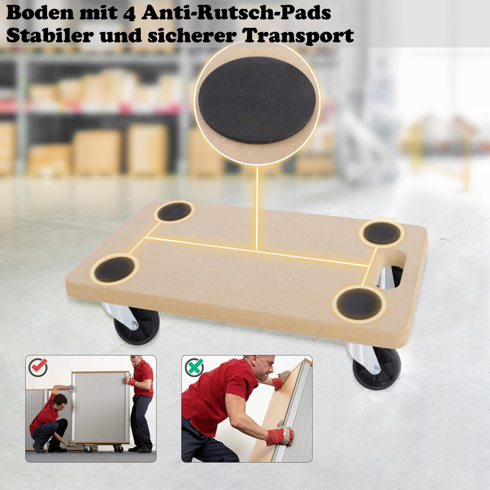 AufuN Juego de 4 Ruedas de Transporte con Ruedas, Antideslizantes, 58 x 29 cm, para mudanzas y talleres, Incluye Almohadillas de Goma, Ruedas de Transporte, Ruedas para Muebles, Ayuda de transp