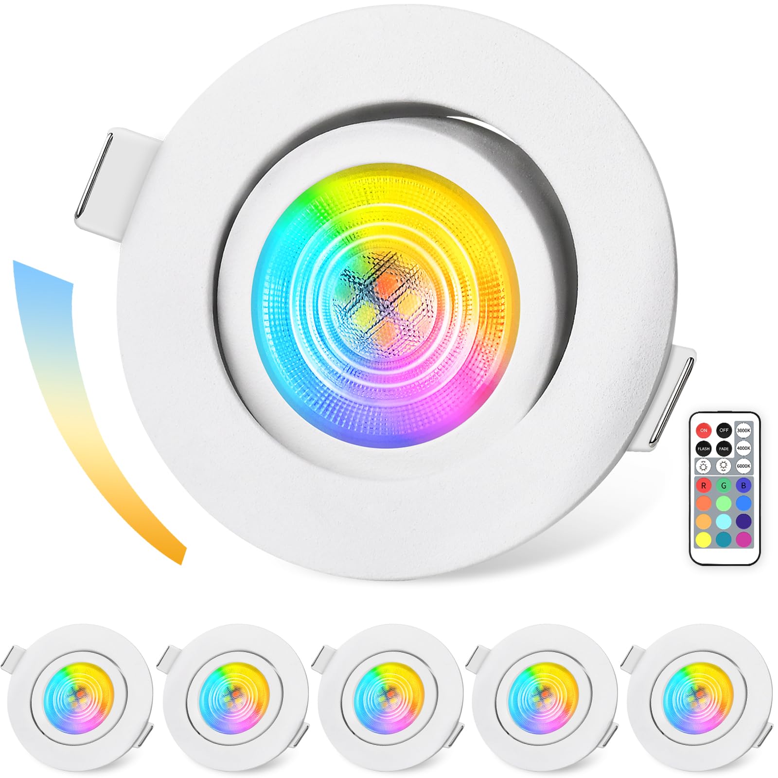 GeyouLux Faretti da Incasso LED Dimmerabili RGB, Faretti a 230V 68mm in Alluminio, IP44 5W 3CCT Plafoniere Orientabili a 38°+ 45°, Faretti da Incasso Bianchi con Telecomando IR per Bagno, 6 Pezzi
