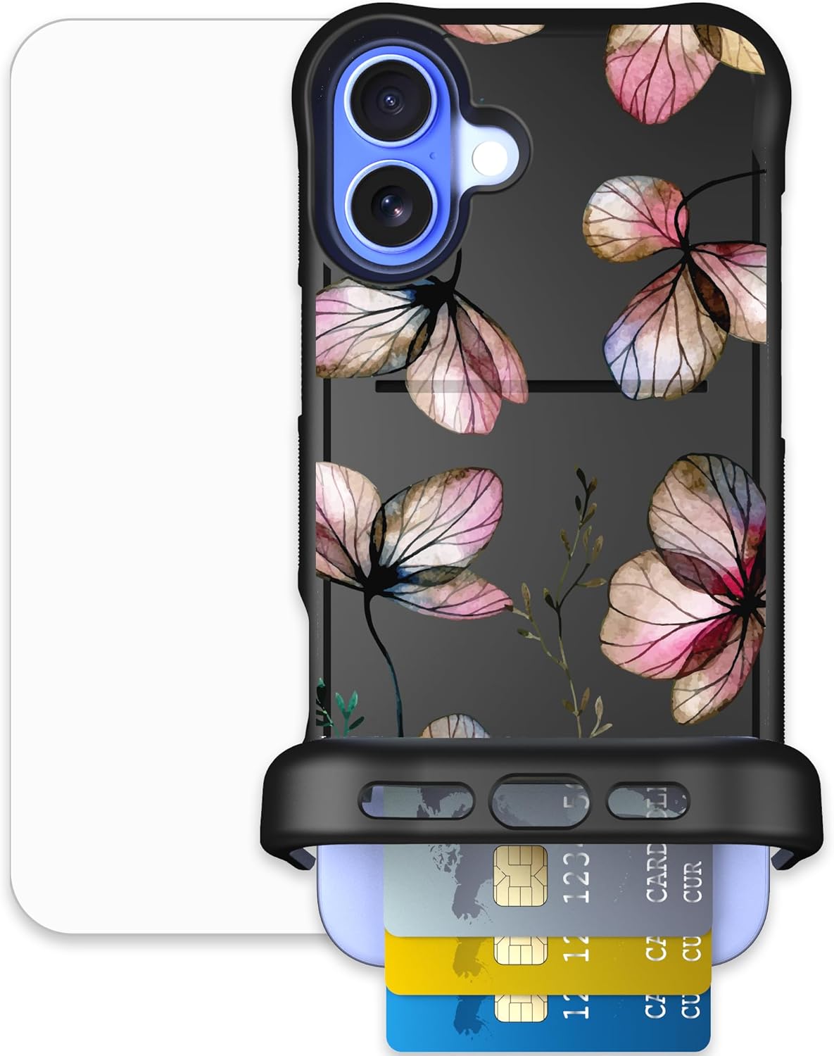 Scooch for iPhone 16 Plus Case with Card Holder, Wingmate Wallet Case with Hidden Card Slot and RFID Protection, Bundled with Tempered Glass Screen Protector, Dried Flowers