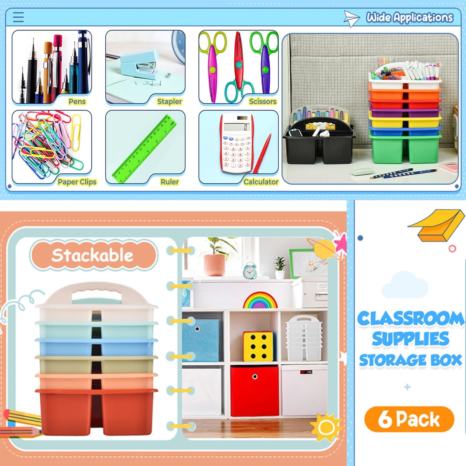 Plastic Storage Caddy Organizers, 6 Pcs Portable Teacher Classroom Supply Caddies with Handle, 3-Compartment Utility Craft Art Caddy for Kids, School Classroom and Office Organization, Boho Colors