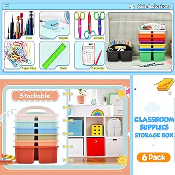 Plastic Storage Caddy Organizers, 6 Pcs Portable Teacher Classroom Supply Caddies with Handle, 3-Compartment Utility Craft Art Caddy for Kids, School Classroom and Office Organization, Boho Colors