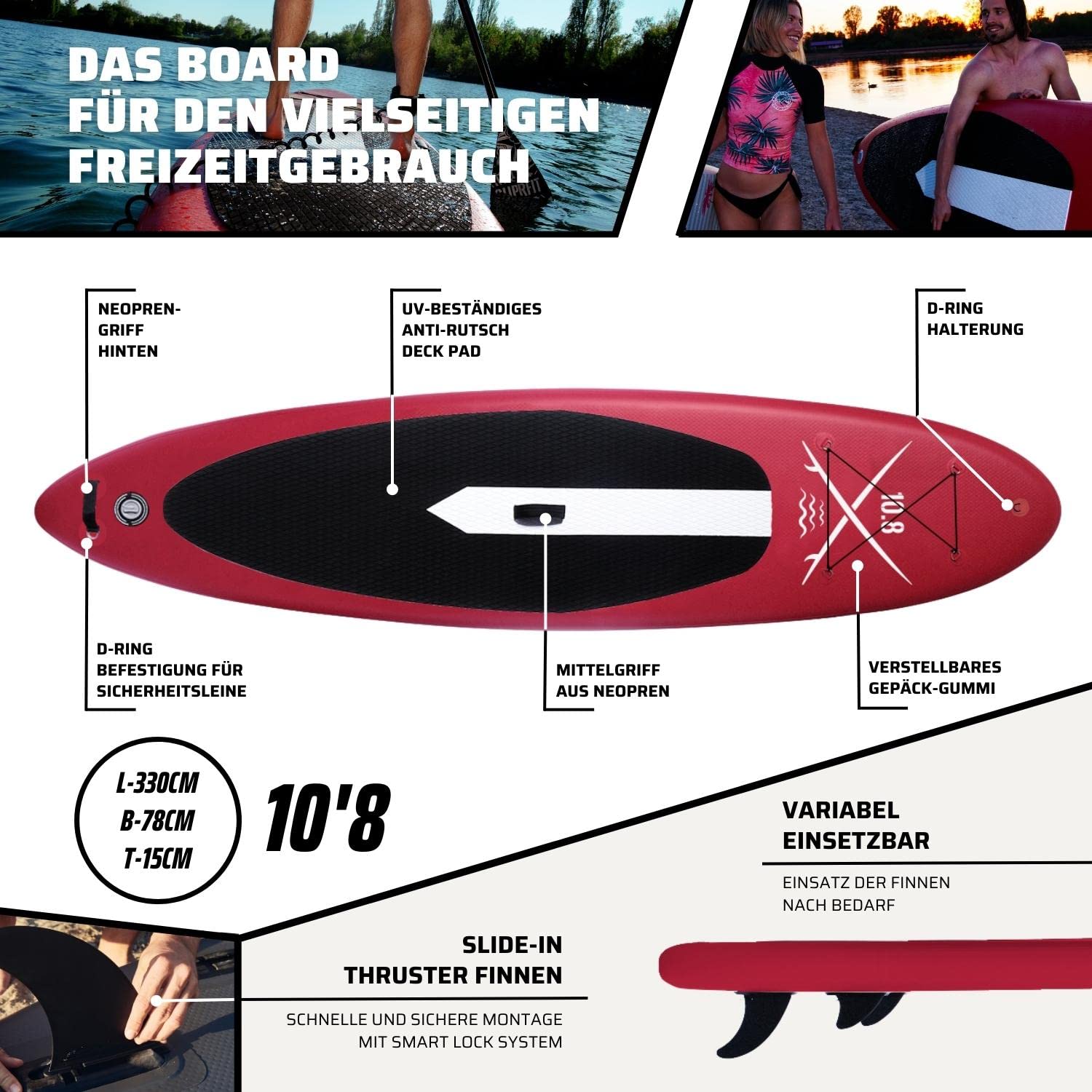 Suprfit Lailani czerwona deska SUP I Stand Up Paddle Board I kompletny zestaw: Deska do wiosłowania, torba transportowa, wiosło, pompka powietrza, przewód bezpieczeństwa, zestaw naprawczy I Solidna konstrukcja z podwójną warstwą