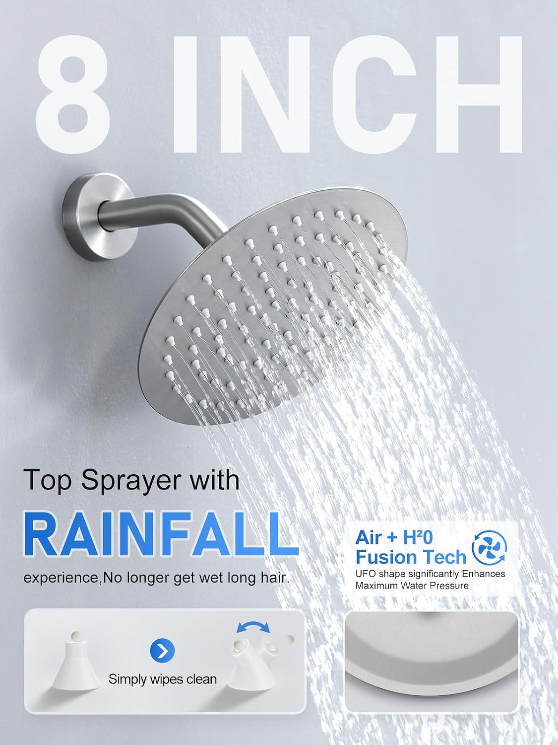 Woindo Shower Faucet Set 10" Rain Shower Head/8'' Side Shower Head and 3 Setting Handheld Ceiling Mount 3 Push Button Diverter Complete Rainfall Round Shower System Included Valve Trim Kit