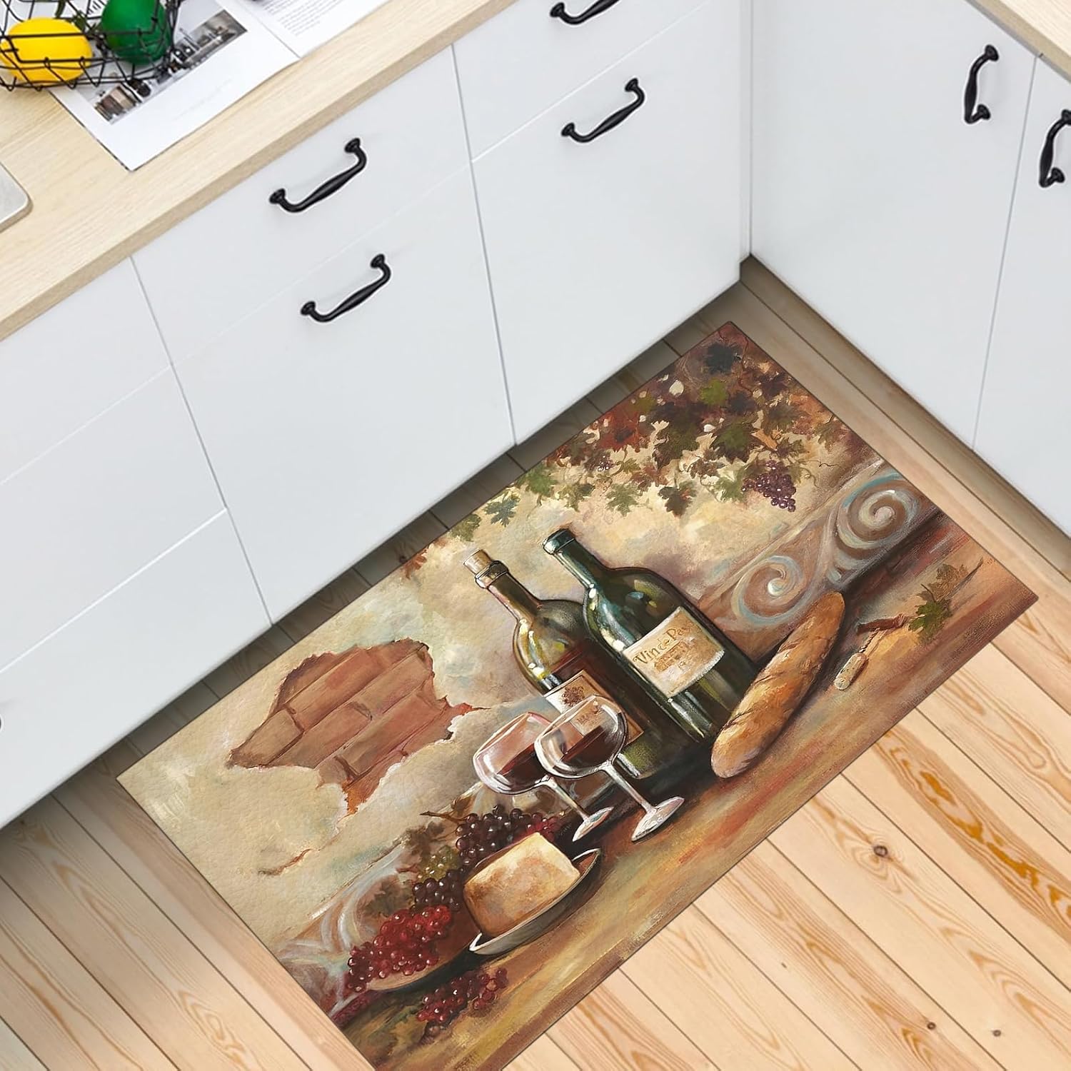 Farmhouse Kitchen Rugs and Mat, Grapes Wine Glasses Kitchen Mats for Floor, Rustic Anti Fatigue Kitchen Sink Rugs, Non Skid Washable Microfiber Kitchen Floor Decor Carpet 24"x36"