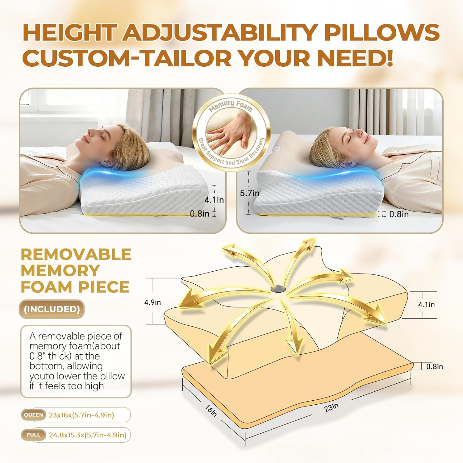 Cervical Neck Pillow for Pain Relief,Adjustable Ergonomic Pillow