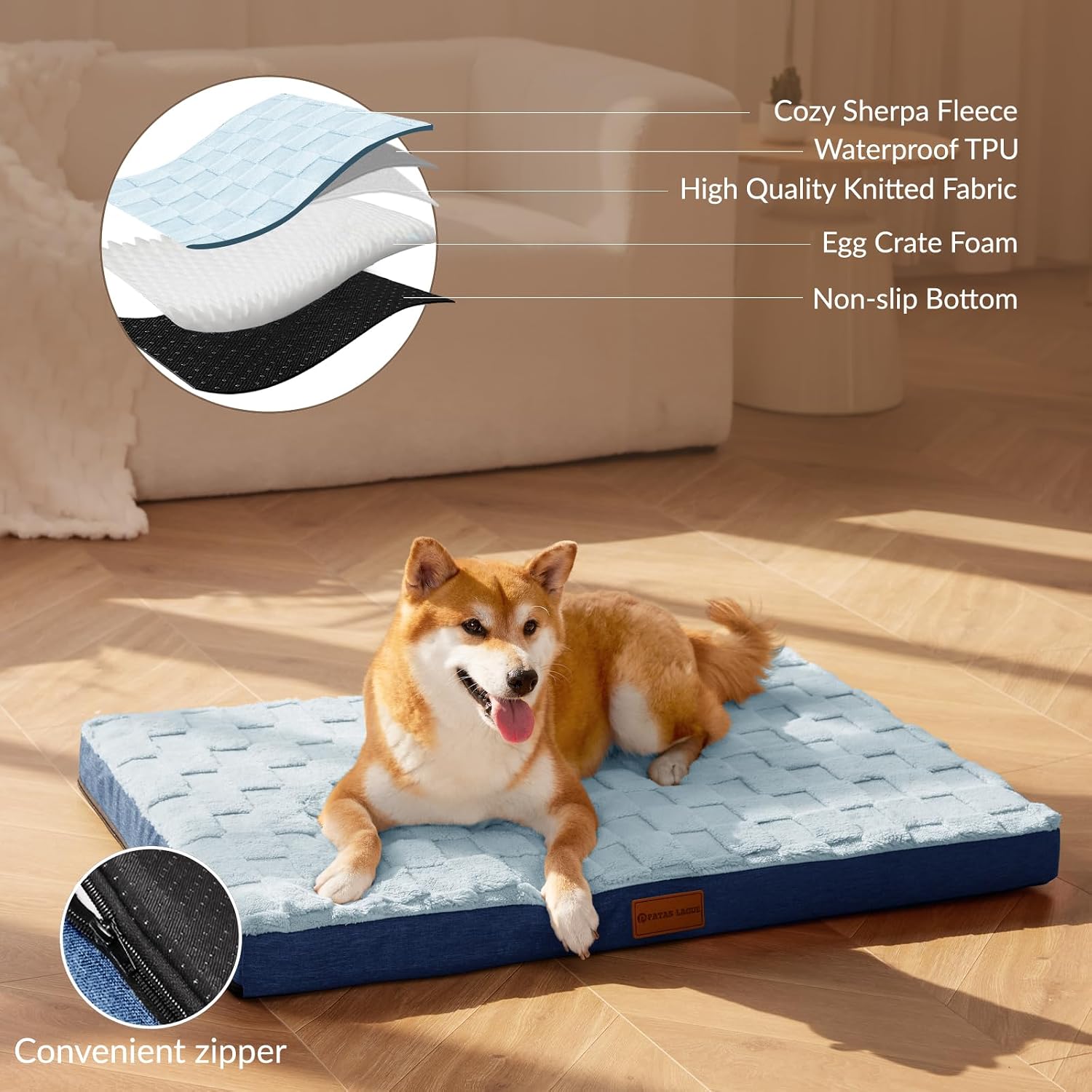  Orthopedic Large Dog Bed Washable Pet Crate Mat 36''X24'' Blue | Egg-Crate Foam Dog Couch For Large Sized Dogs, Waterproof Removable Cover, Soft Pet Bed With Nonskid Bottom thumbnail