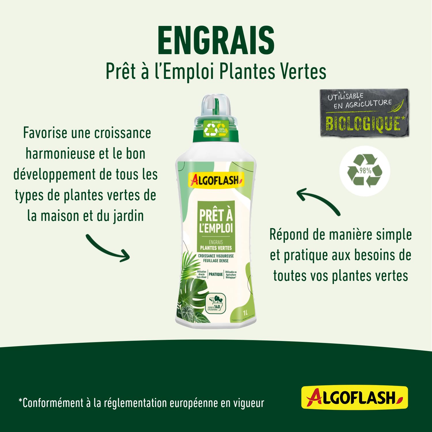 Algoflash Engrais Liquide Plantes Vertes, Prêt à l'emploi, Utilisable en Agriculture Biologique - 1 L, Marron