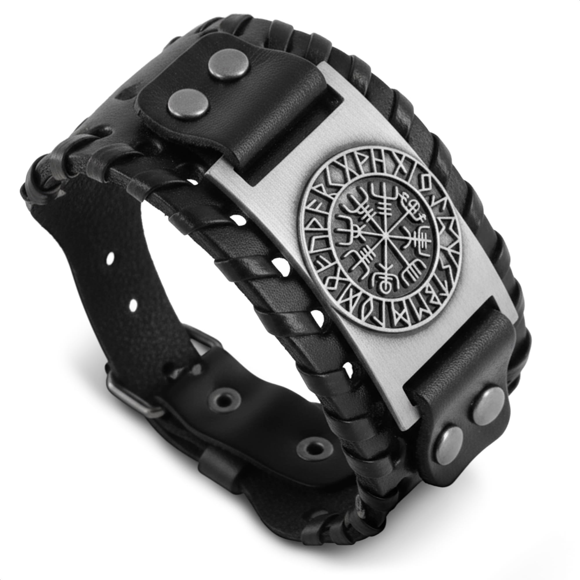 Viking Bracelet for Men – Leather Norse Bracelet for Men with Adjustable Strap, Vegvisir Cuff, Zinc Alloy Amulet, Nordic Symbol – Viking Jewelry, Handmade Scandinavian Style | Christmas Gift for Him