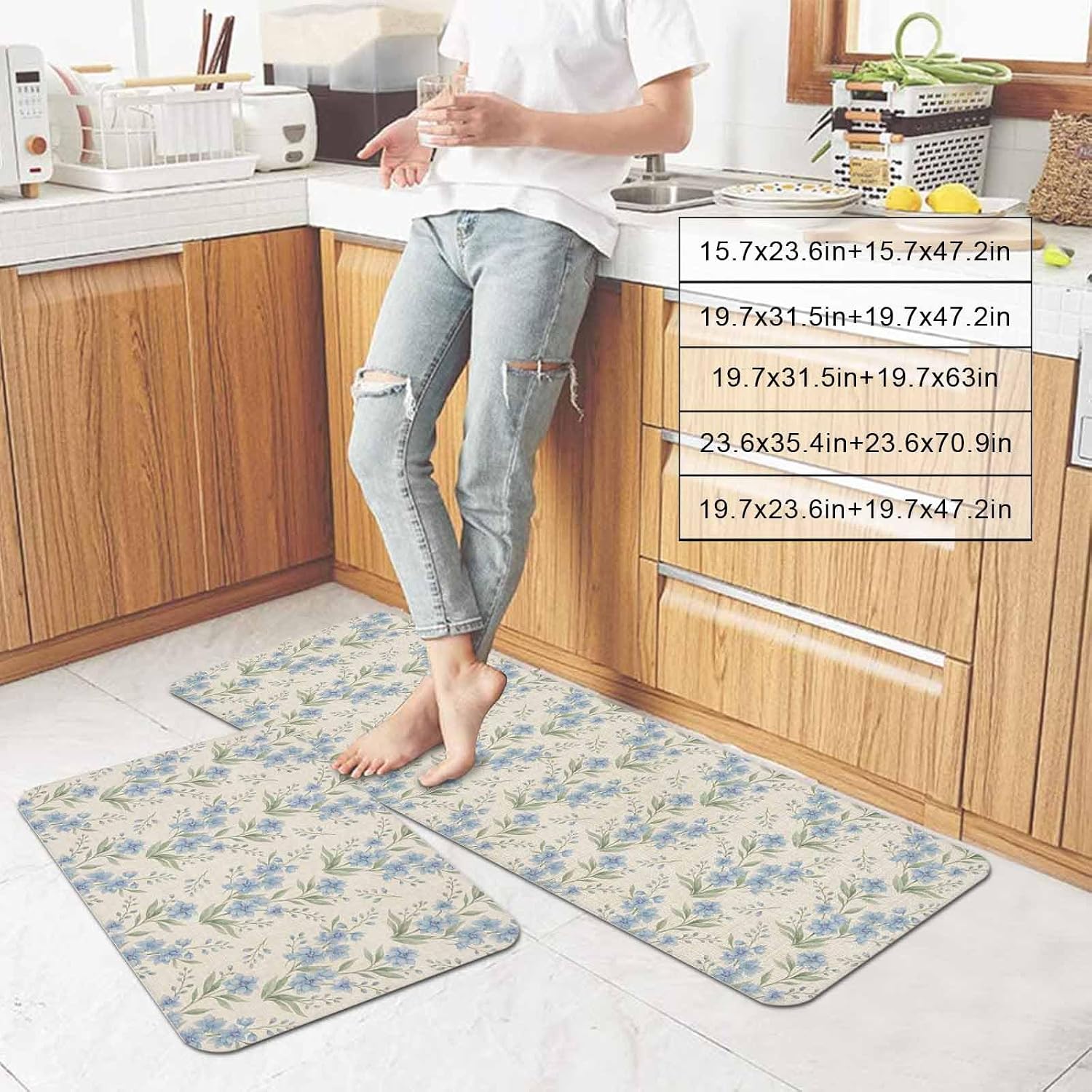 Prime Leader Summer Flower Kitchen Mat Set 2 Pieces Watercolor Blue Floral Plants Rustic Linen Texture Non Slip Kitchen Rugs Washable Runner Rug Mats for Sink Laundry (15.7" x 23.6"+15.7" x 47.2")