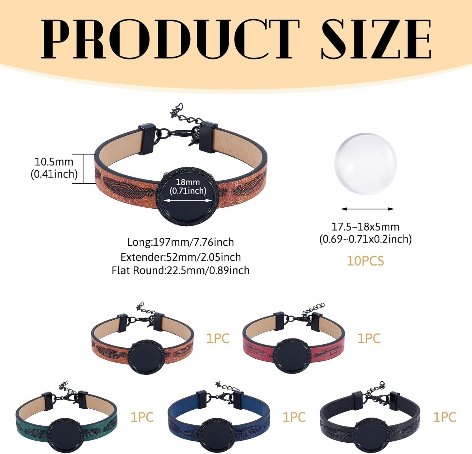 FASHEWELRY 5Pcs PU Leather Cord Bracelet Blanks Bezel Tray Settings Black Flat Round Tray Cabochons Adjustable Round Tray Bracelet Kits with Glass Cabochons for Jewelry Making - Image 7