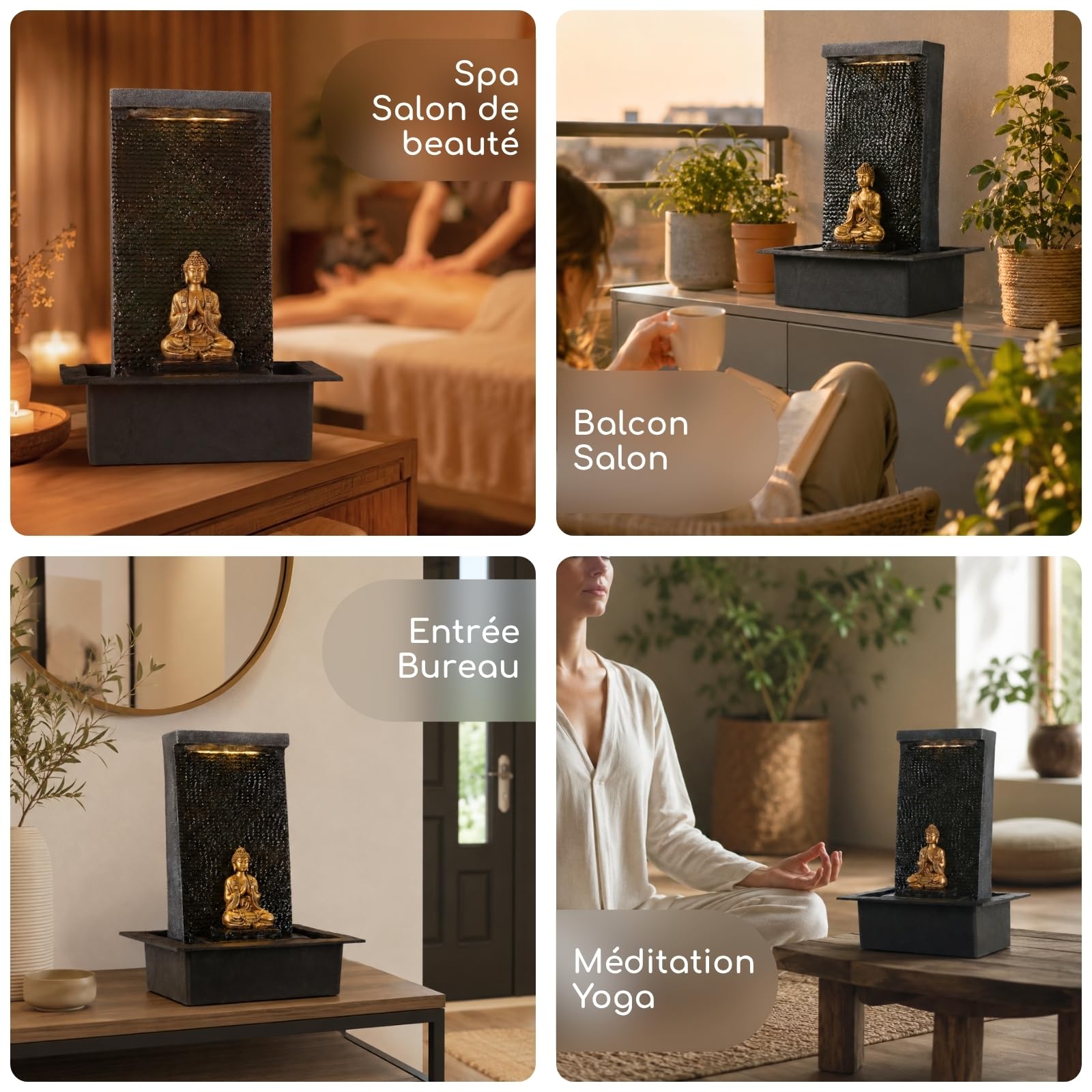 Mur d’Eau Zenitude - Fontaine d’intérieur avec Spot LED Jaune - Grande Fontaine de Table avec Statue Bouddha Amovible - Ambiance Zen pour salon, bureau, chambre - Cadeau Original - H: 40cm - Zen’Light