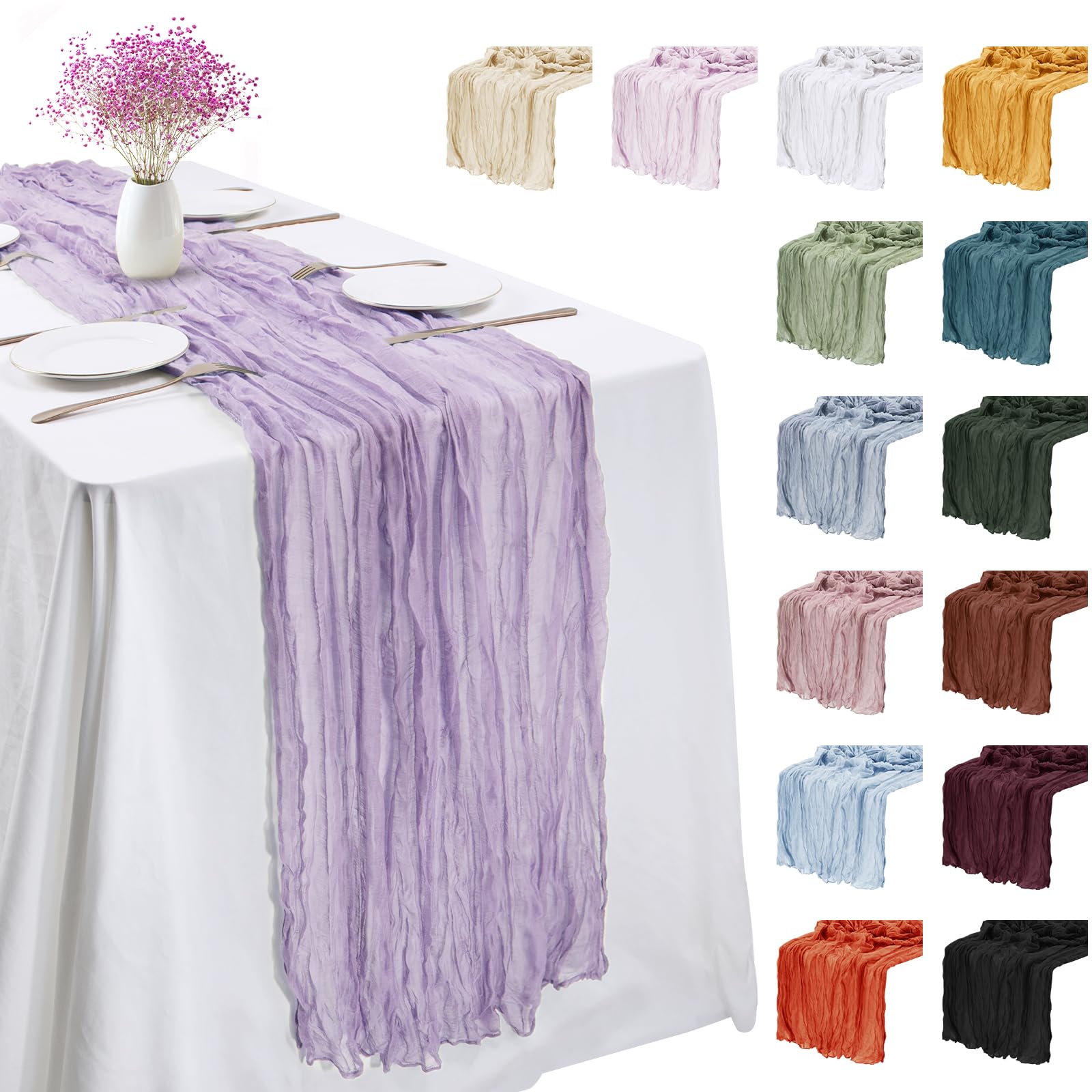 LEREATI 3 Pack Light Purple Cheesecloth Table Runner 90cm x 400cm Chiffon Gauze Fabric Sheer Cheese Cloth Table Runner for Dresser Birthday Wedding Dining Room Summer Boho Decoration