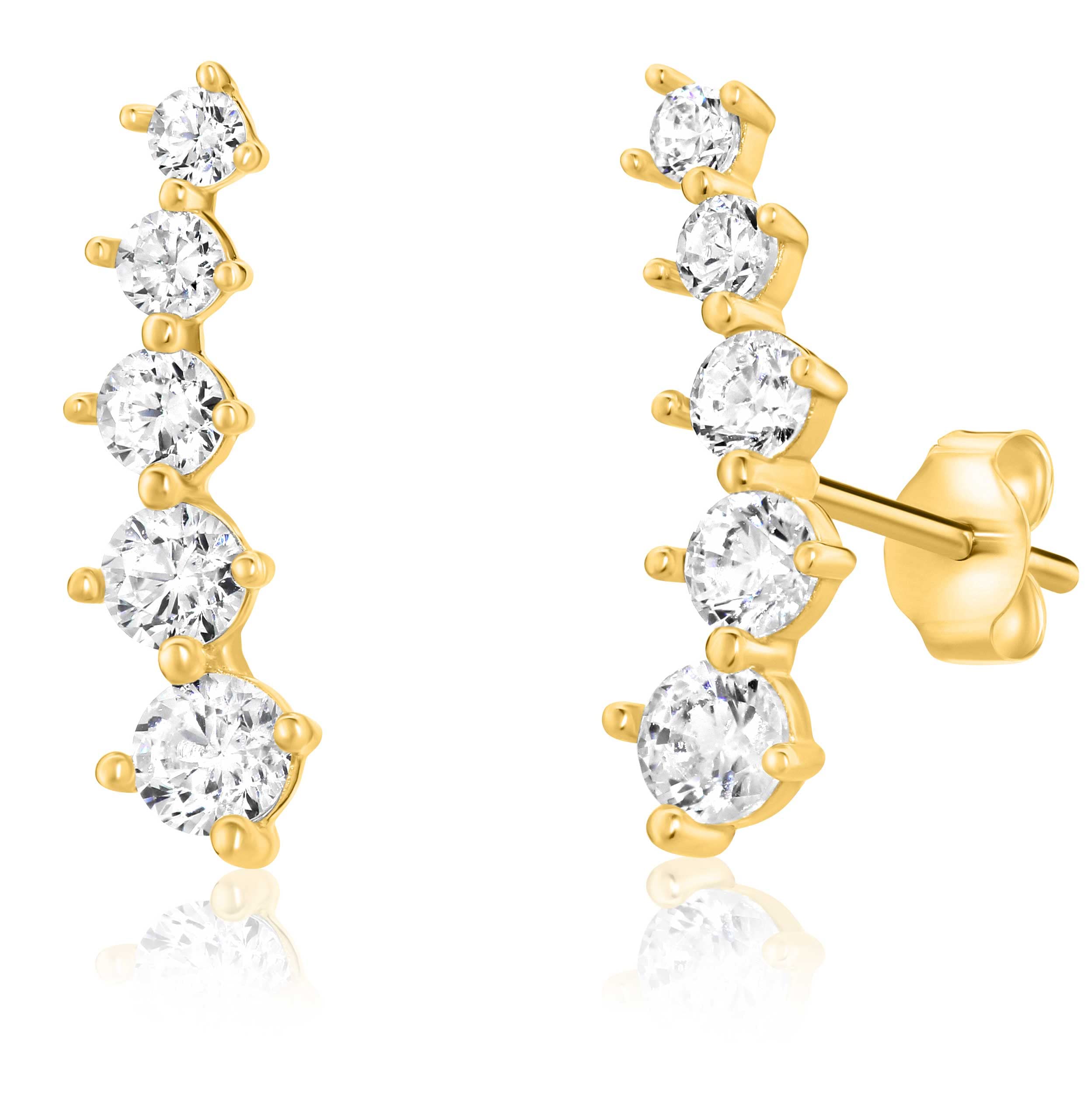 Solid 14k Gold Graduated Crawler Curved Bar Climber Five Stone Stud Earrings