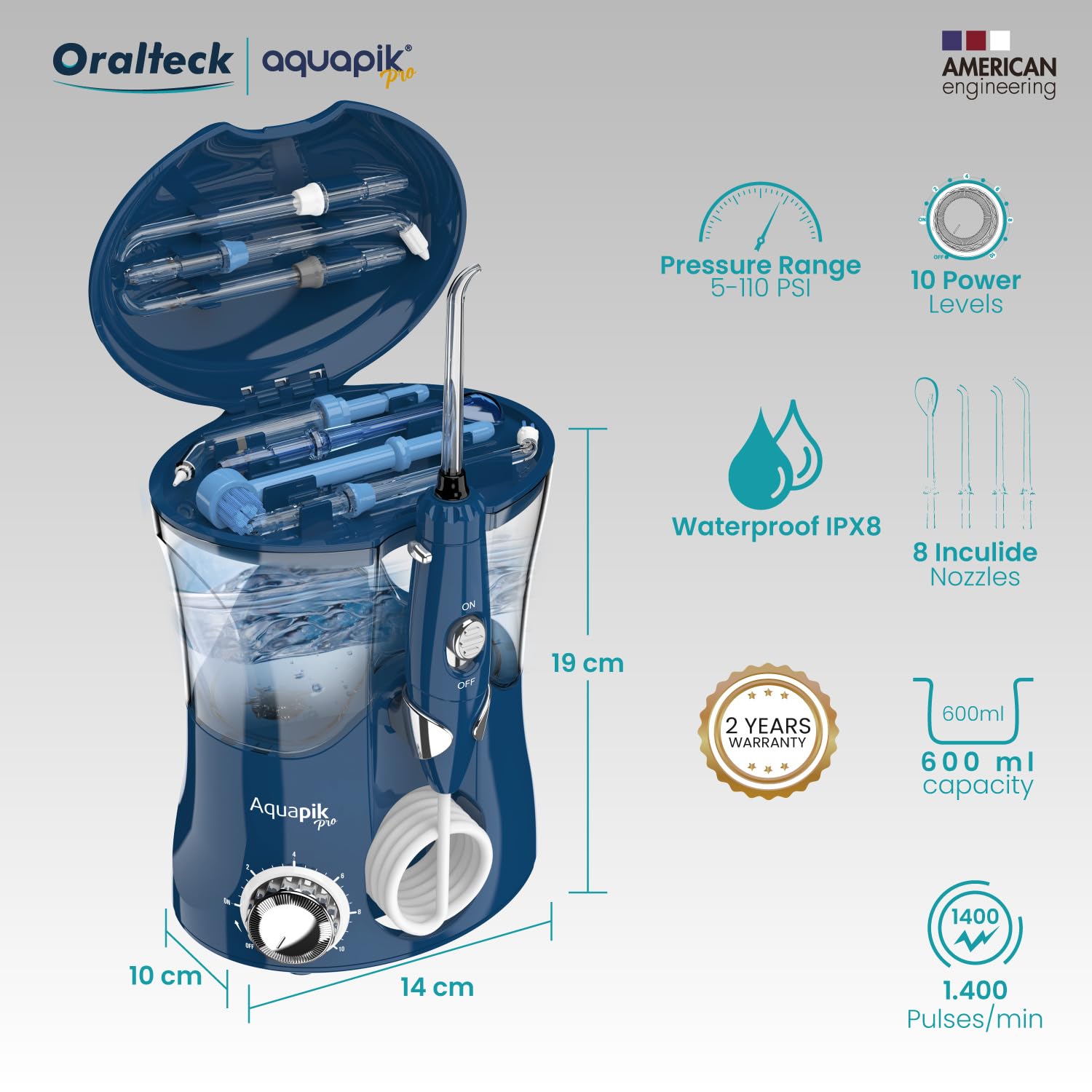 Aquapik® PRO profesjonalna irygator dentystyczny, usuwa płytkę nazębną + zalecany przez dentystów + pielęgnacja implantów i ortodoncji, irygator do jamy ustnej z 8 ustami + 10 poziomami ciśnienia +