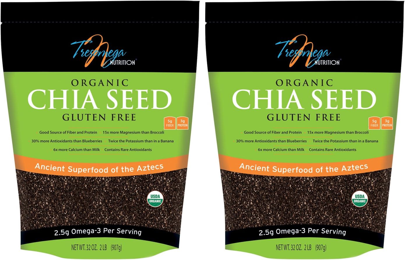 Tresomega Nutrition Organic Black Chia Seed, 2 Pound (Pack of 2)