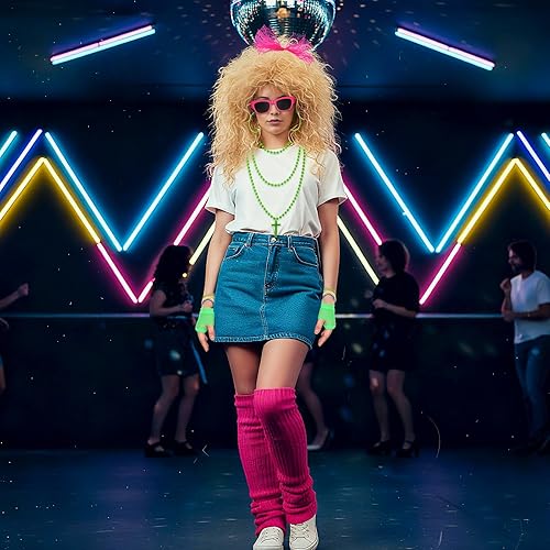 Miniatura 2 de Cindeer Accesorios de disfraz de los años 80 para mujer, diadema, peluca, guantes, collar, aretes, calentador de piernas, lentes y pulsera