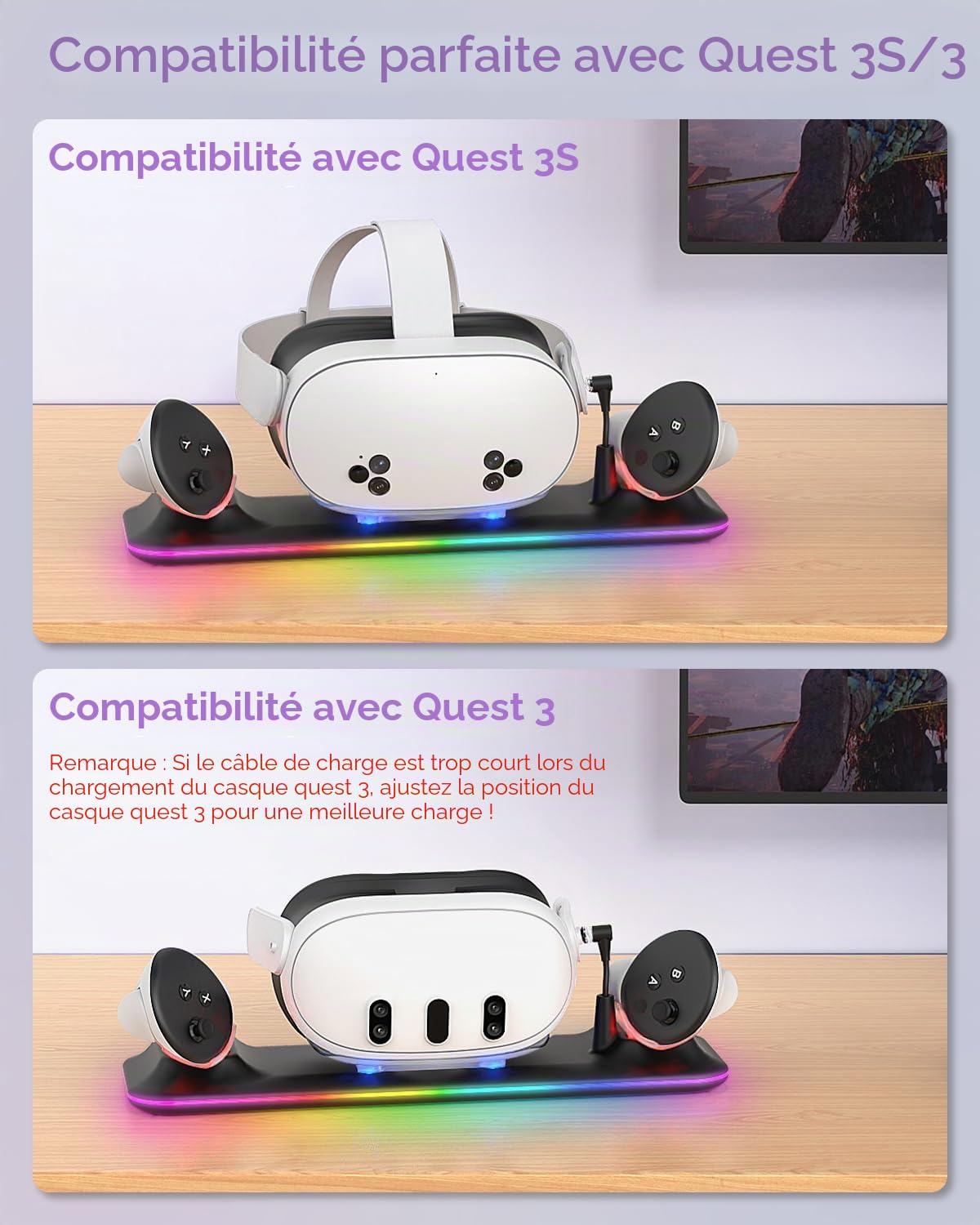 Station de charge pour Meta Quest 3S/3 Kinwin Base de charge magnétique pour accessoires Oculus Quest 3S/3 avec lumière RVB, support de charge pour casque VR et contrôleur avec 2 piles rechargeables