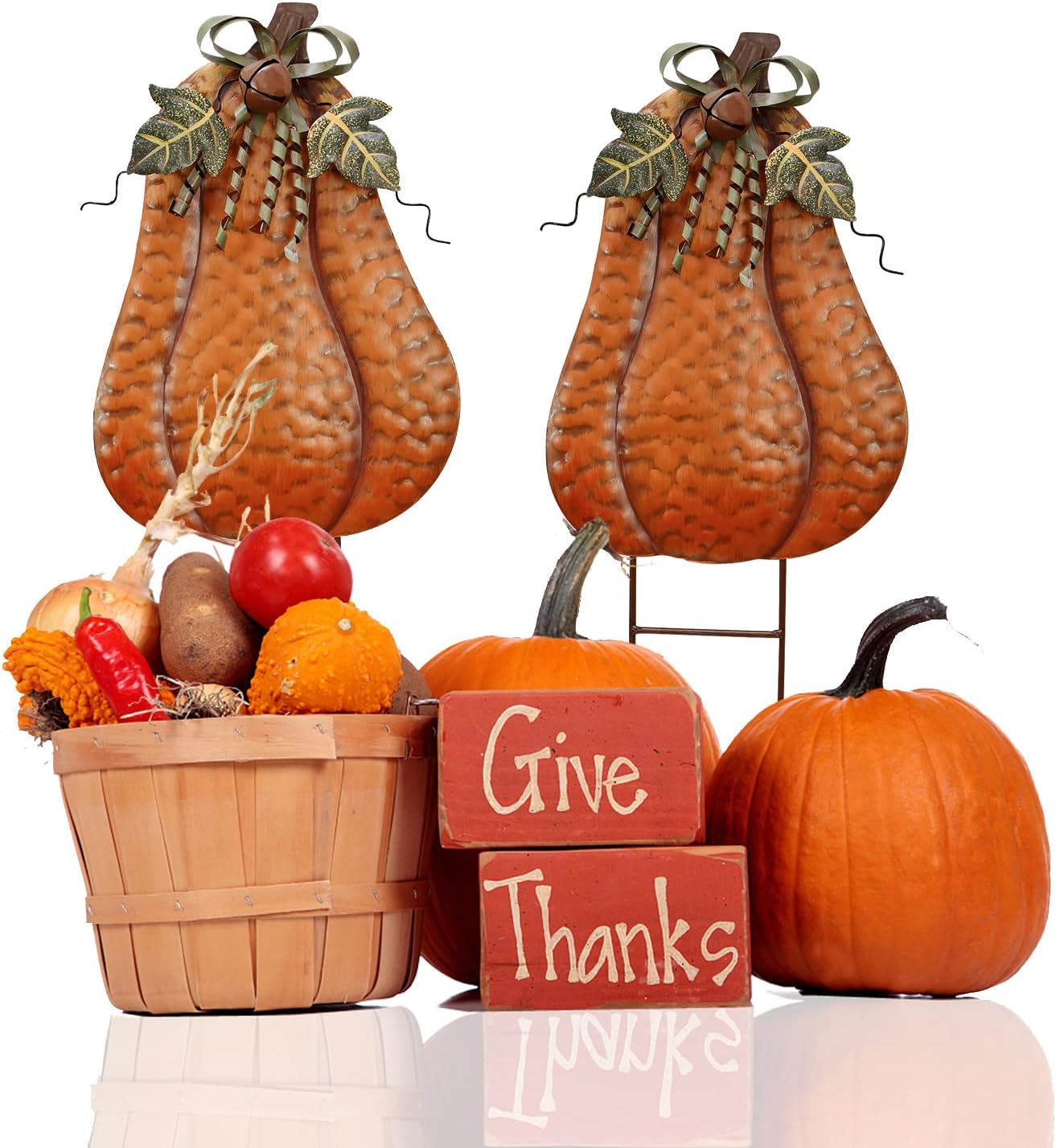 2x Metal Pumpkin Garden Stakes - Yard Signs for Fall Decor, Outdoor Stakes for Autumn Harvest, Thanksgiving, Halloween - Rustic Pumpkin Decoration (Orange, 20"H)