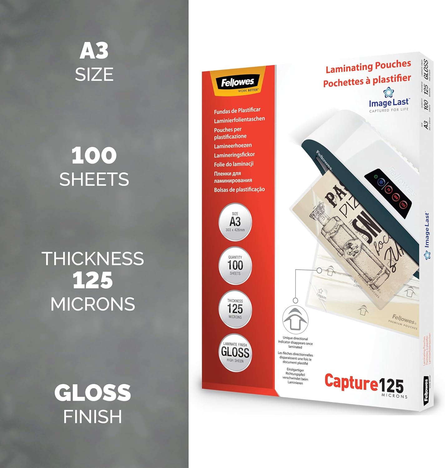 Fellowes A3 Laminating Pouches, Gloss, 250 Micron (2 x 125 Micron) with Image Last Directional Quality Mark - Pack of 100, Transparent