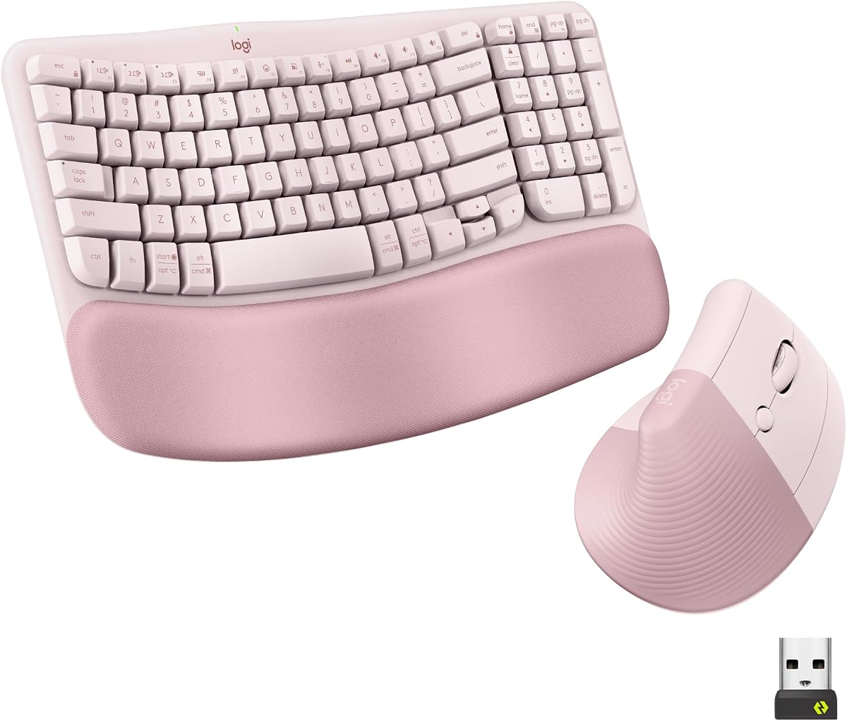 Combinación inalámbrica ergonómica de teclas onduladas y mouse vertical con elevación - Rosa | Teclado ergonómico en forma de onda con reposamanos acolchado, mouse vertical, conecta hasta 3 dispositivos, para Multi-OS, Windows/Mac