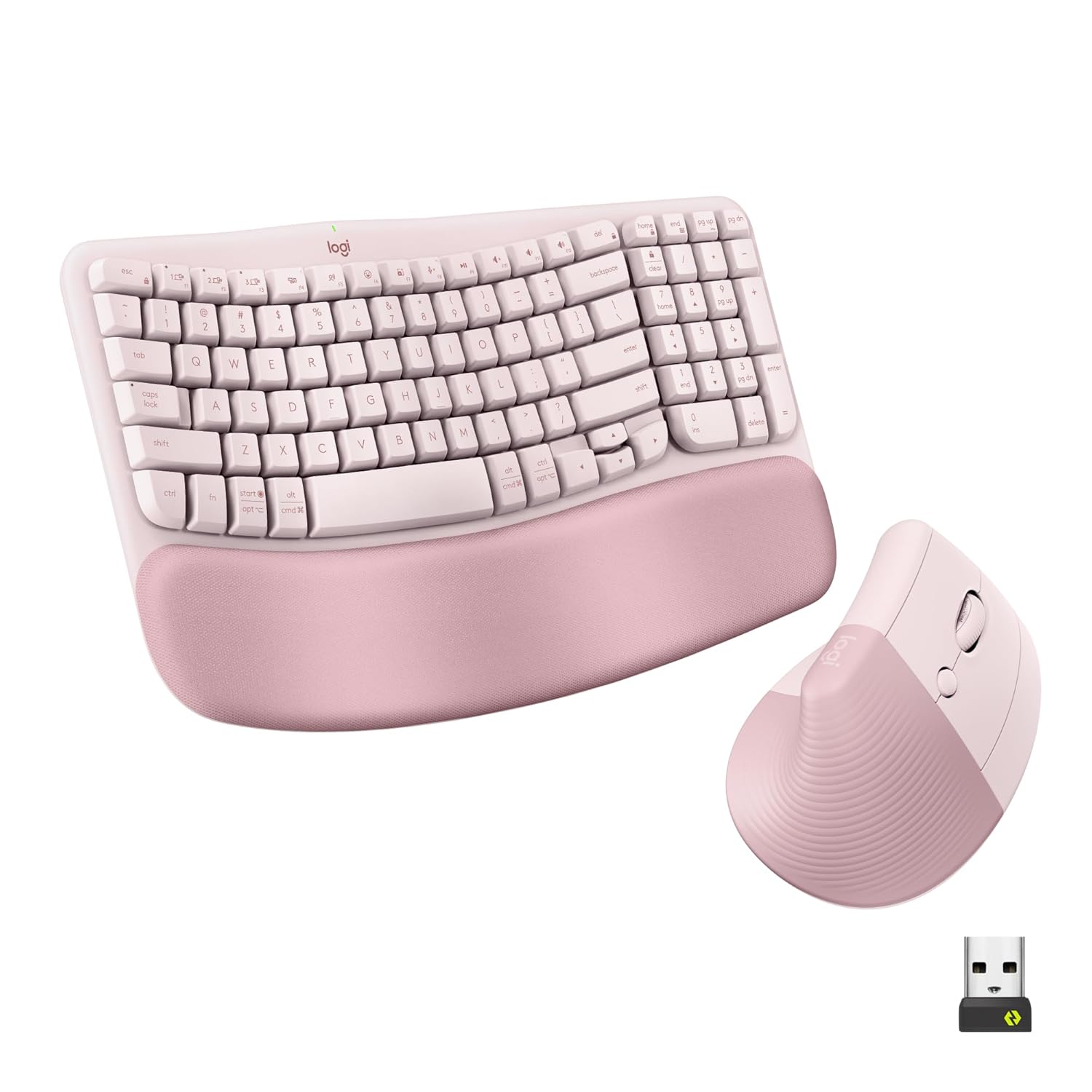 Logitech Wave Keys & Lift Vertical Mouse – Ergonomic Wireless Keyboard and Mouse Combo – with Cushioned Palm Rest, Easy-Switch, Bluetooth, for Multi-OS, Windows/Mac – Rose