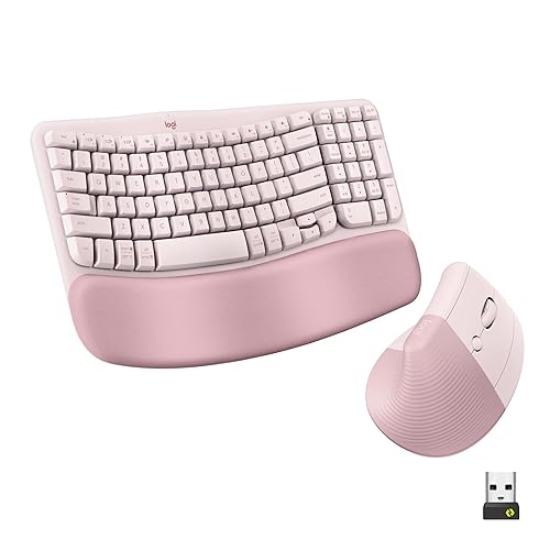 Logitech Wave Keys & Lift Vertical Mouse - Ergonomic Wireless Keyboard and Mouse Combo - with Cushioned Palm Rest, Easy-Switch, Bluetooth, for Multi-OS, Windows/Mac - Rose - Rose - Right-Handed - Combo
