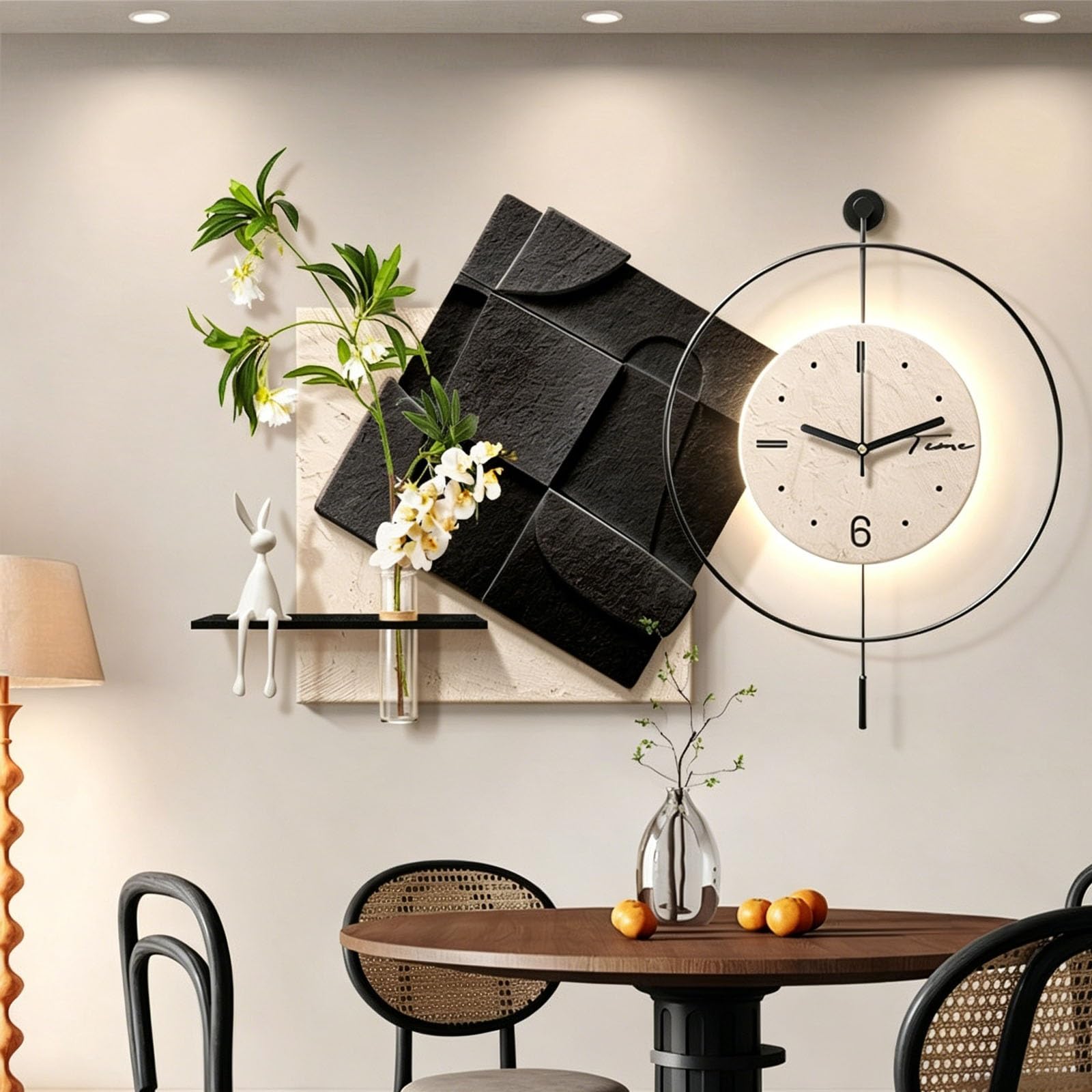 3D Sandstone LED Illuminated Wall Decor — Modern Aesthetic Hanging Clock & Suspended Art (Featuring Faux Greenery) — Decorative Wall Clock for Living Room & Bedroom(F,60*80cm/23.6*31.5)