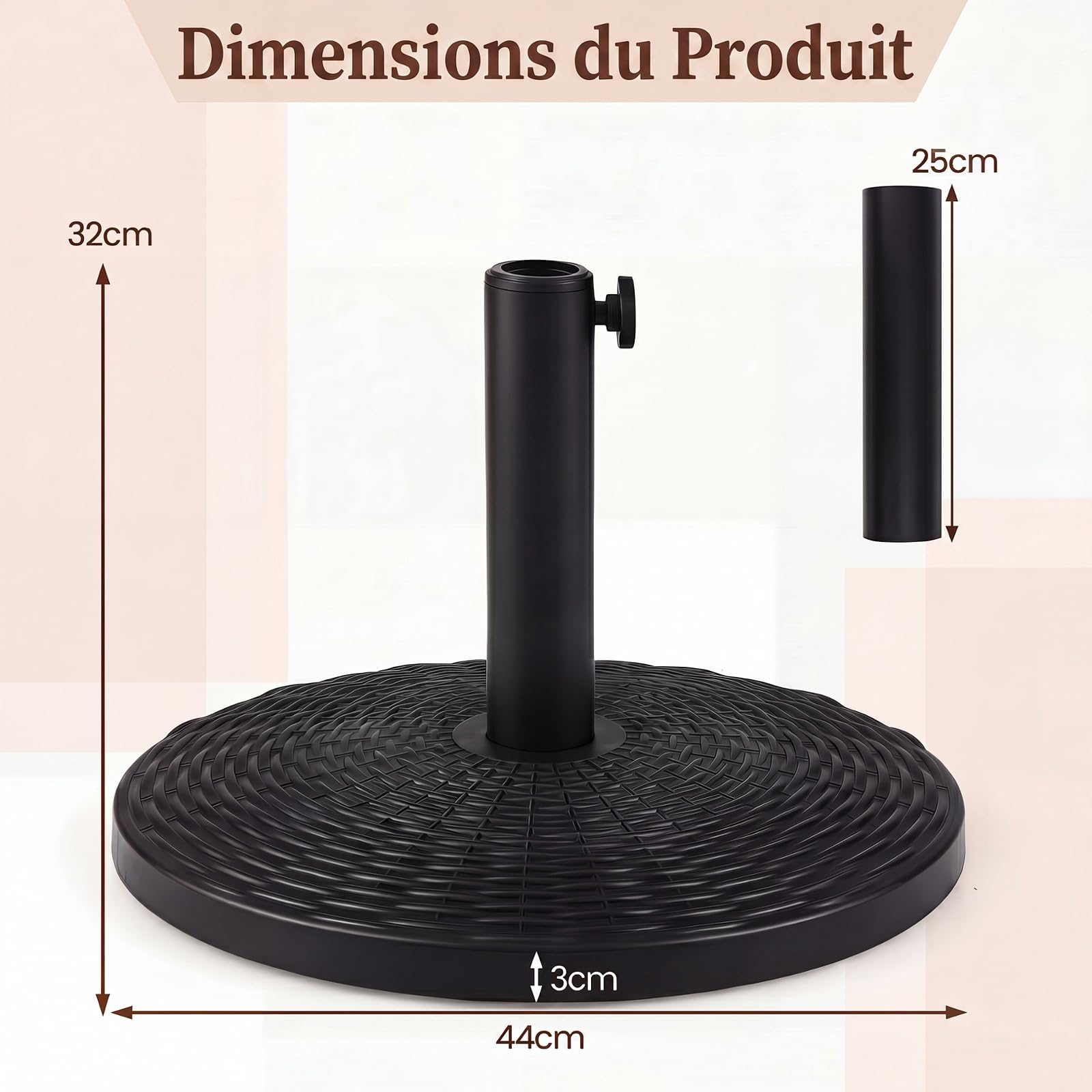 RELAX4LIFE Pied de Parasol Rond en Résine Tressée 10KG, Noir