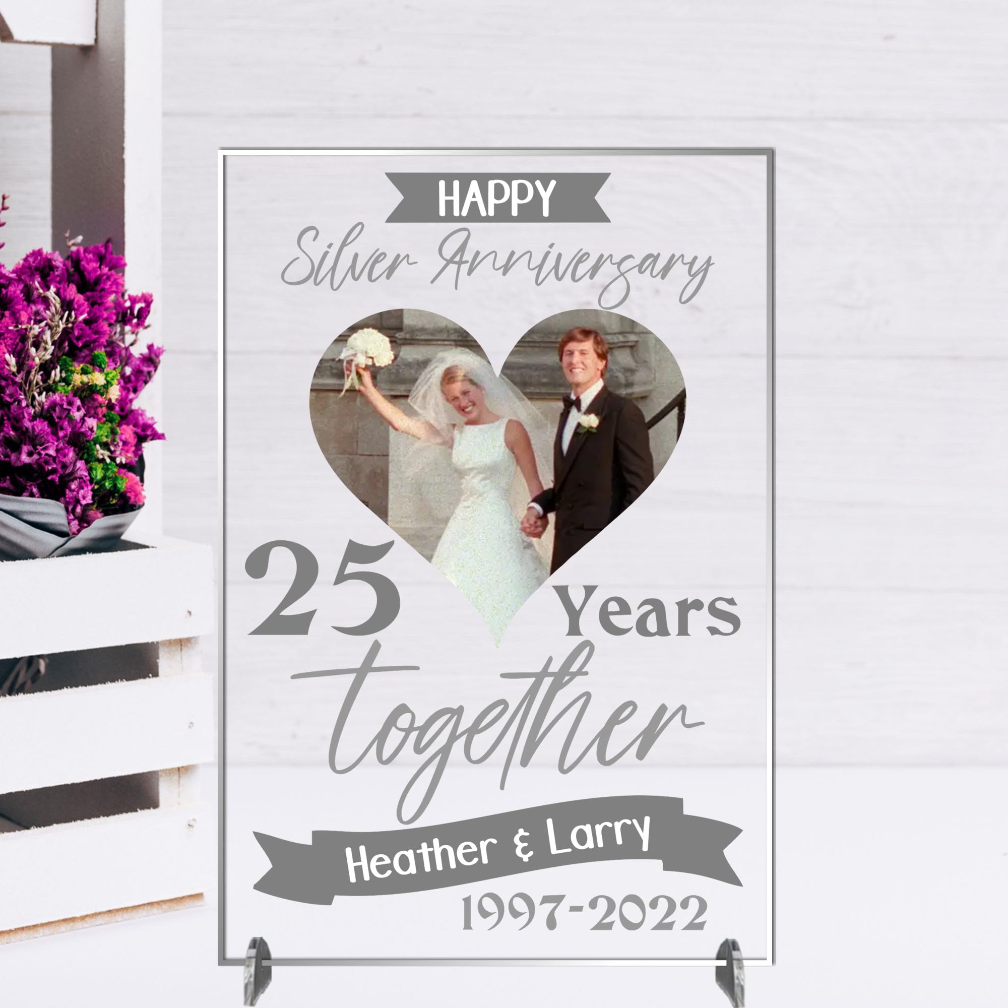 Pixie's Gifts Personalised Anniversary Plaque - Custom A5/A4 MDF & Acrylic Sign - Perfect for Celebrating Milestones (Silver 25th anniversary, Acrylic A4 30cm x 21cm)